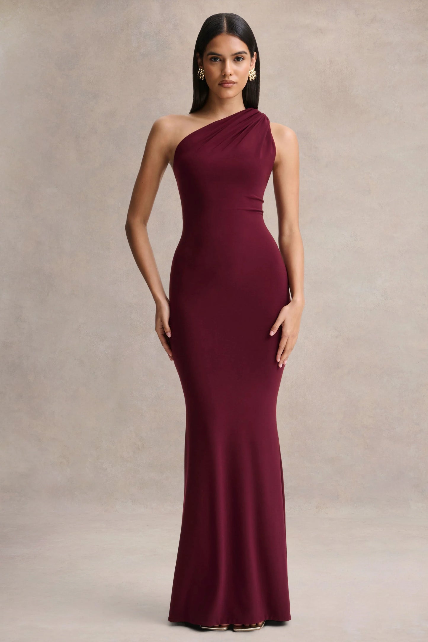 Ottilie Burgundy Asymmetric-Neck Maxi Dress