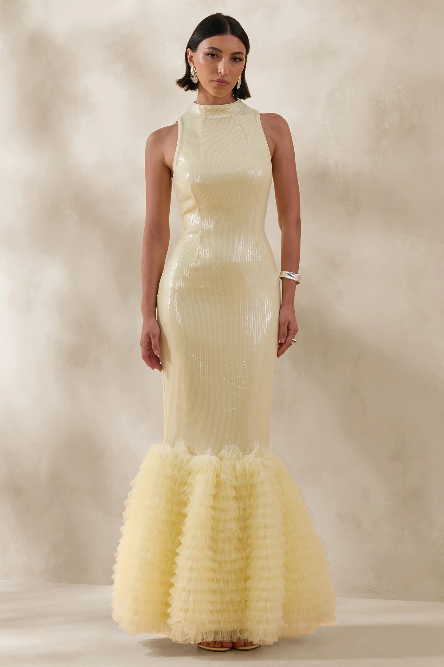 Teila Lemon Sequin High-Neck Fishtail Maxi Dress