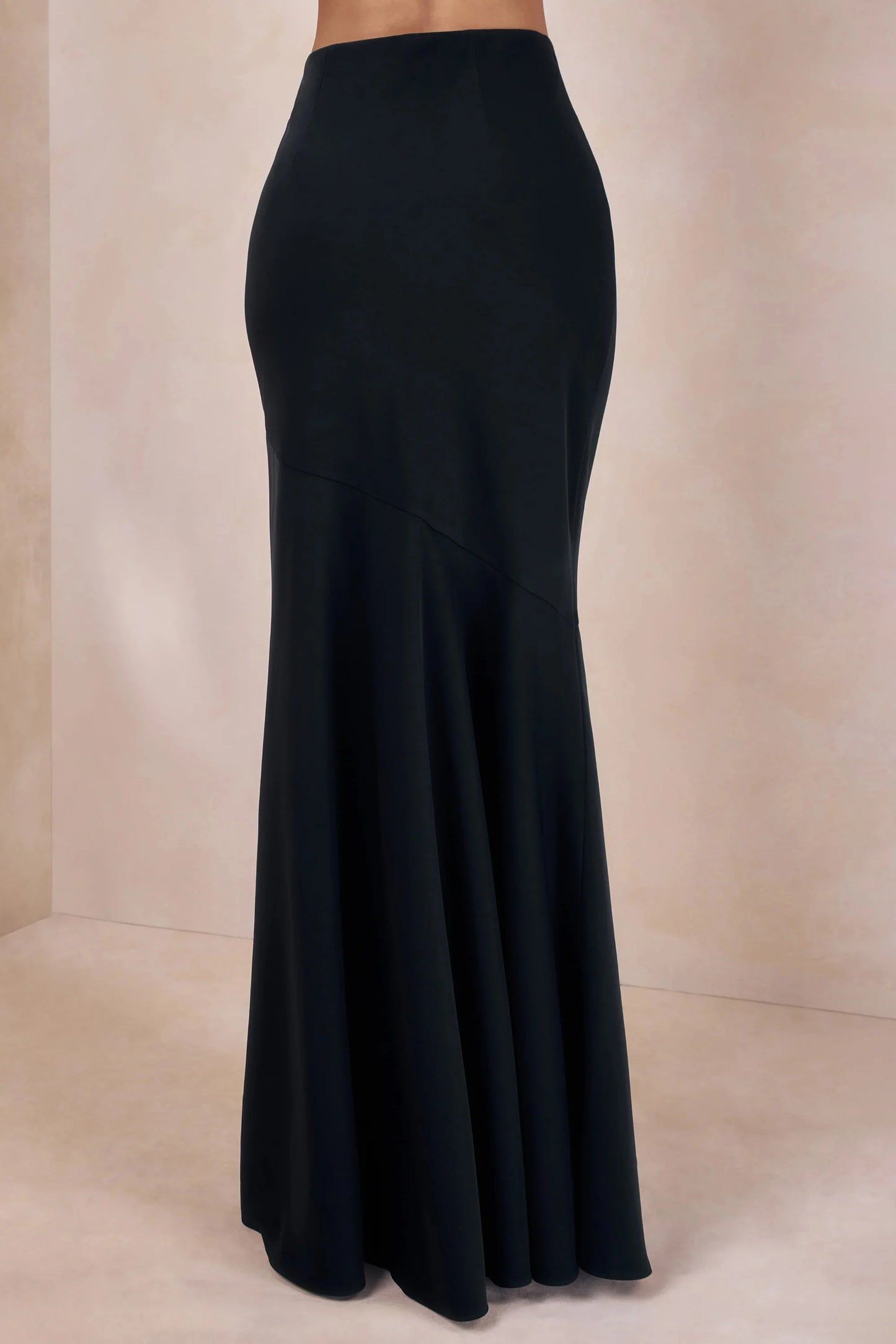 Vayla Black Matte Satin Asymmetric Drop-Waist Maxi Skirt
