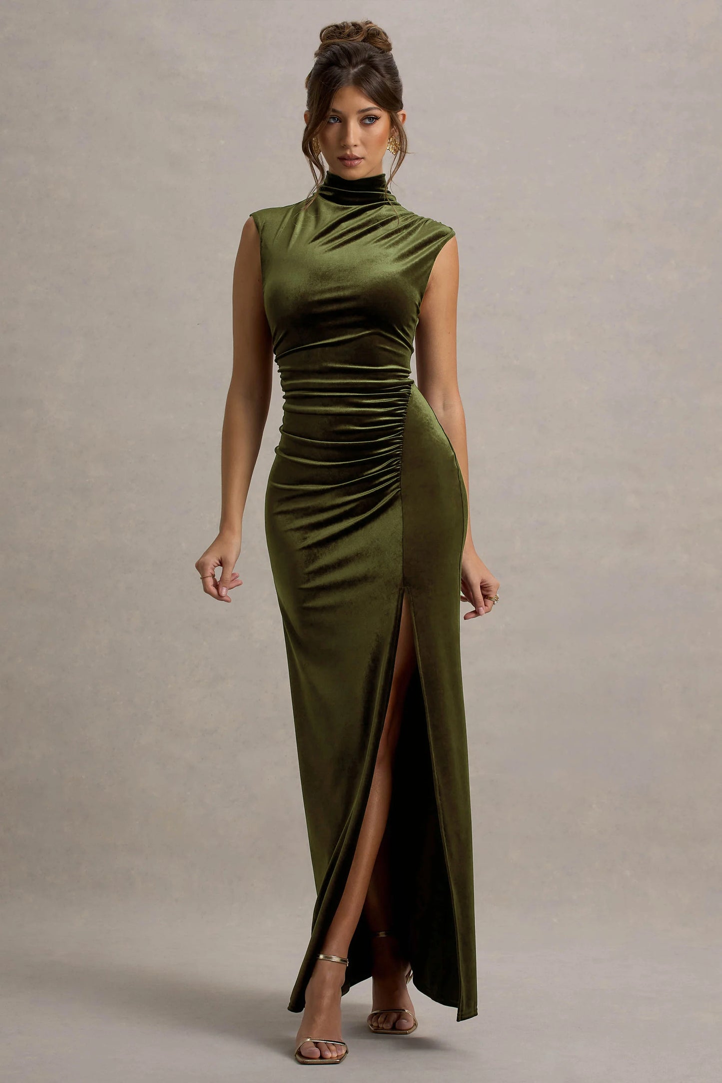 Abilene Olive Velvet High-Neck Split Maxi Dress