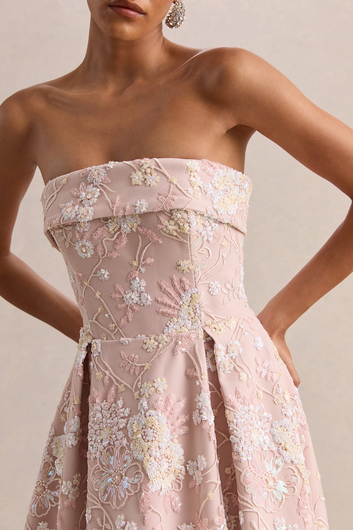 Amaris Pink Embellished Floral Bandeau Skater Midi Dress