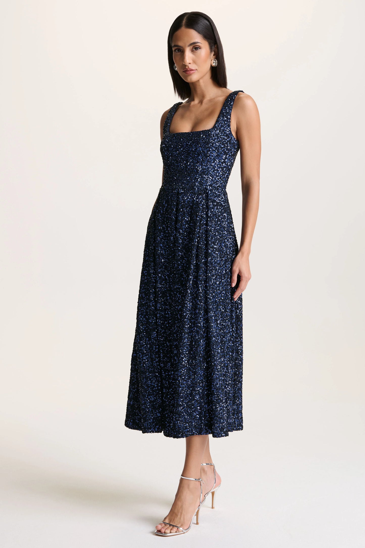 Lima Navy Sequin Square-Neck A-Line Midi Dress