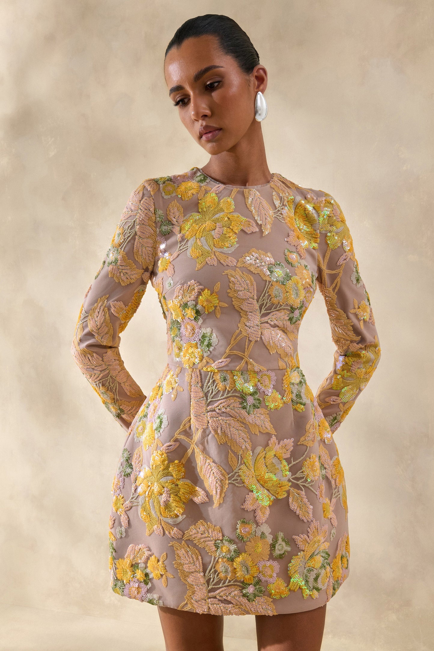 Merdia Yellow Embellished Floral Crew-Neck Mini Dress