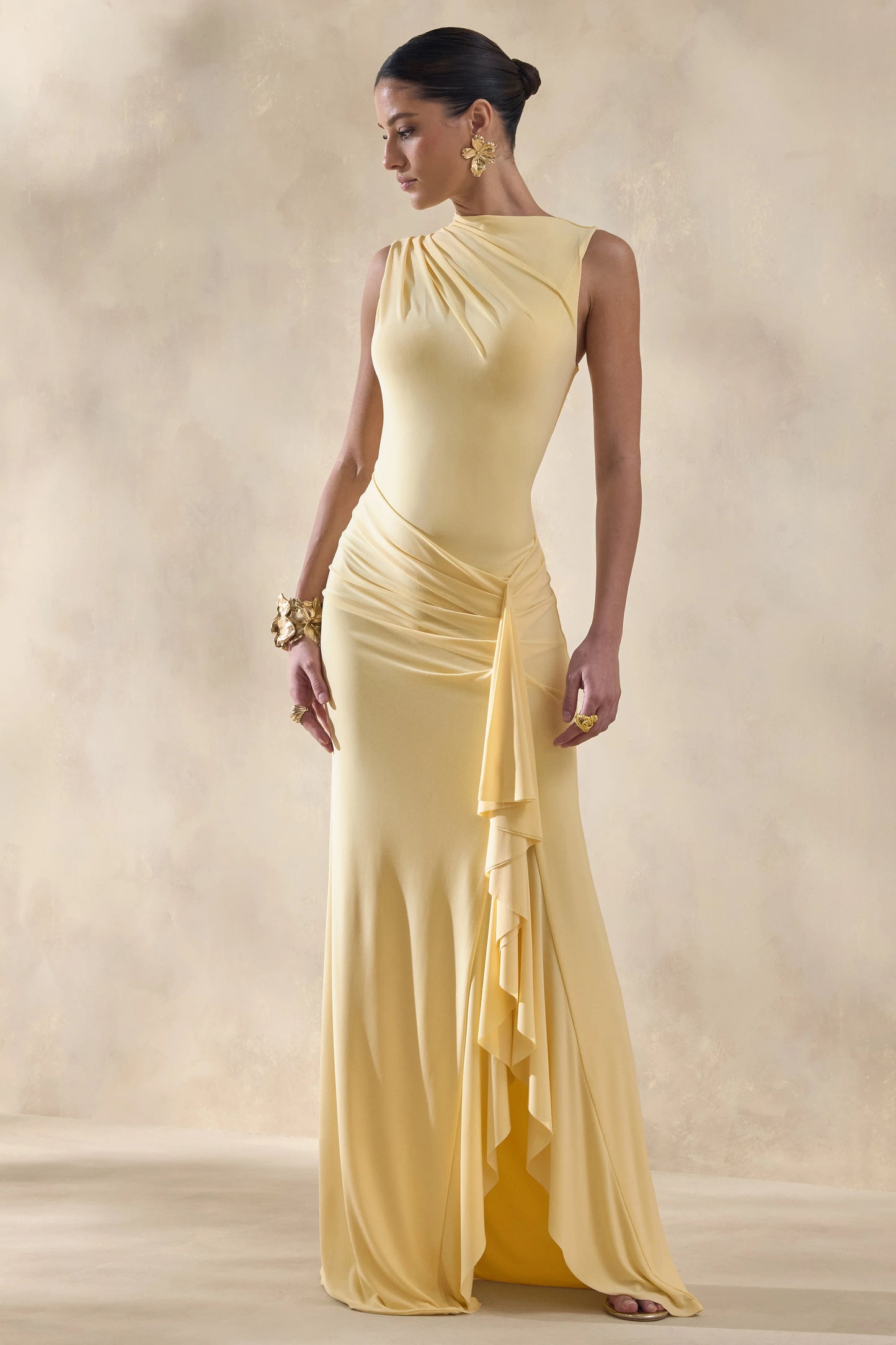 Helessia Lemon Asymmetric-Neck Maxi Dress With Gathered-Detailing And Sash