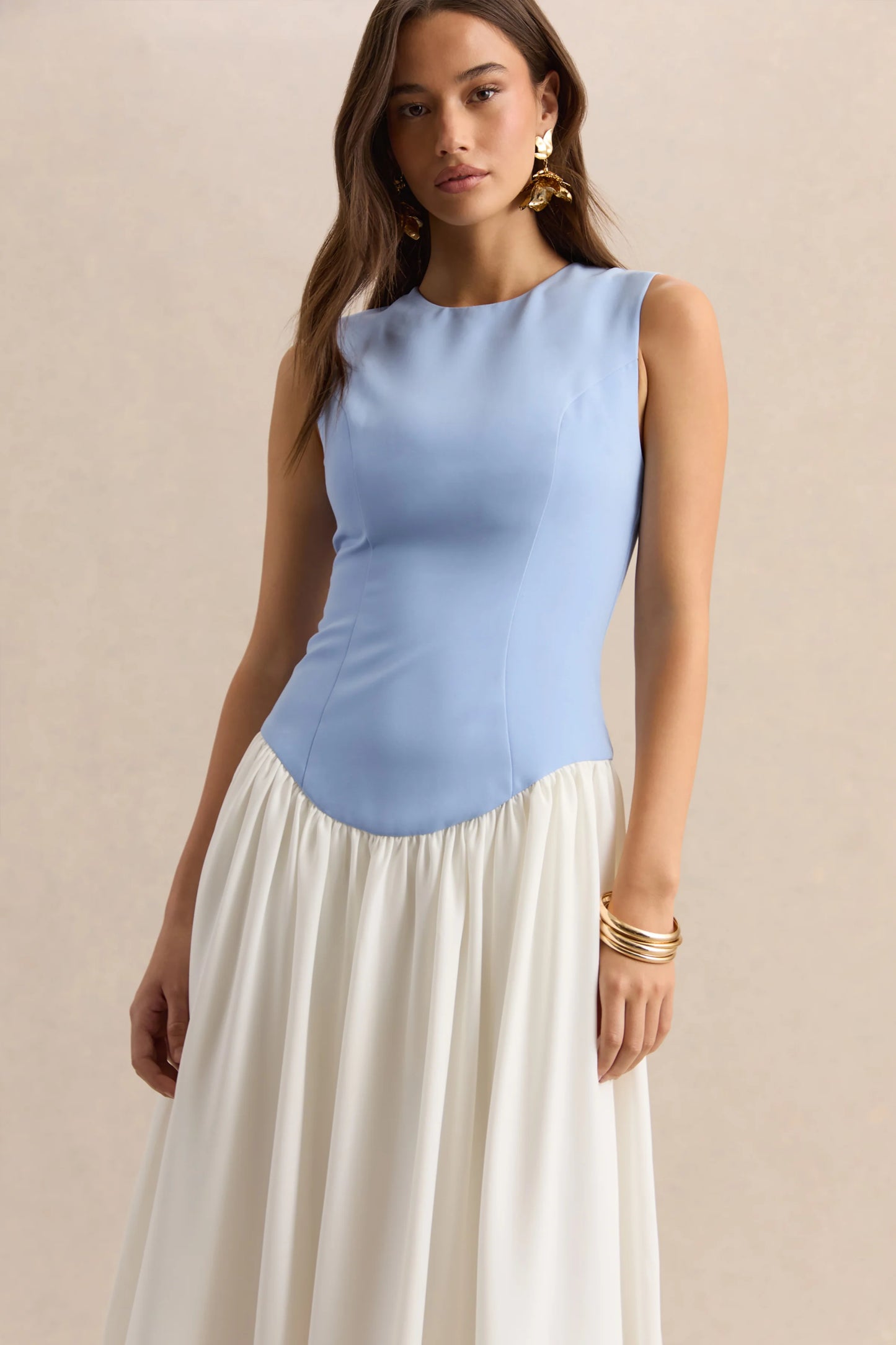 Iliana Powder Blue And White Crew-Neck Maxi Dress With Drop-Waist And Pleated Skirt