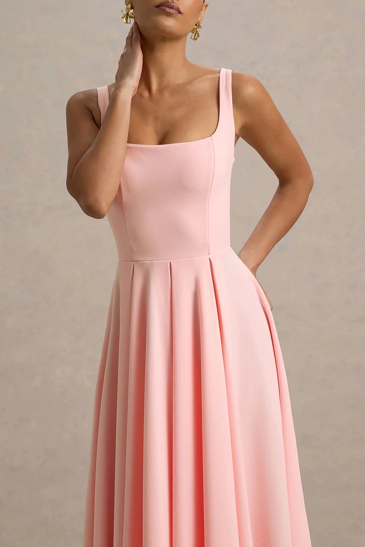 Parina Pink Strappy Volume-Hem Midi Dress