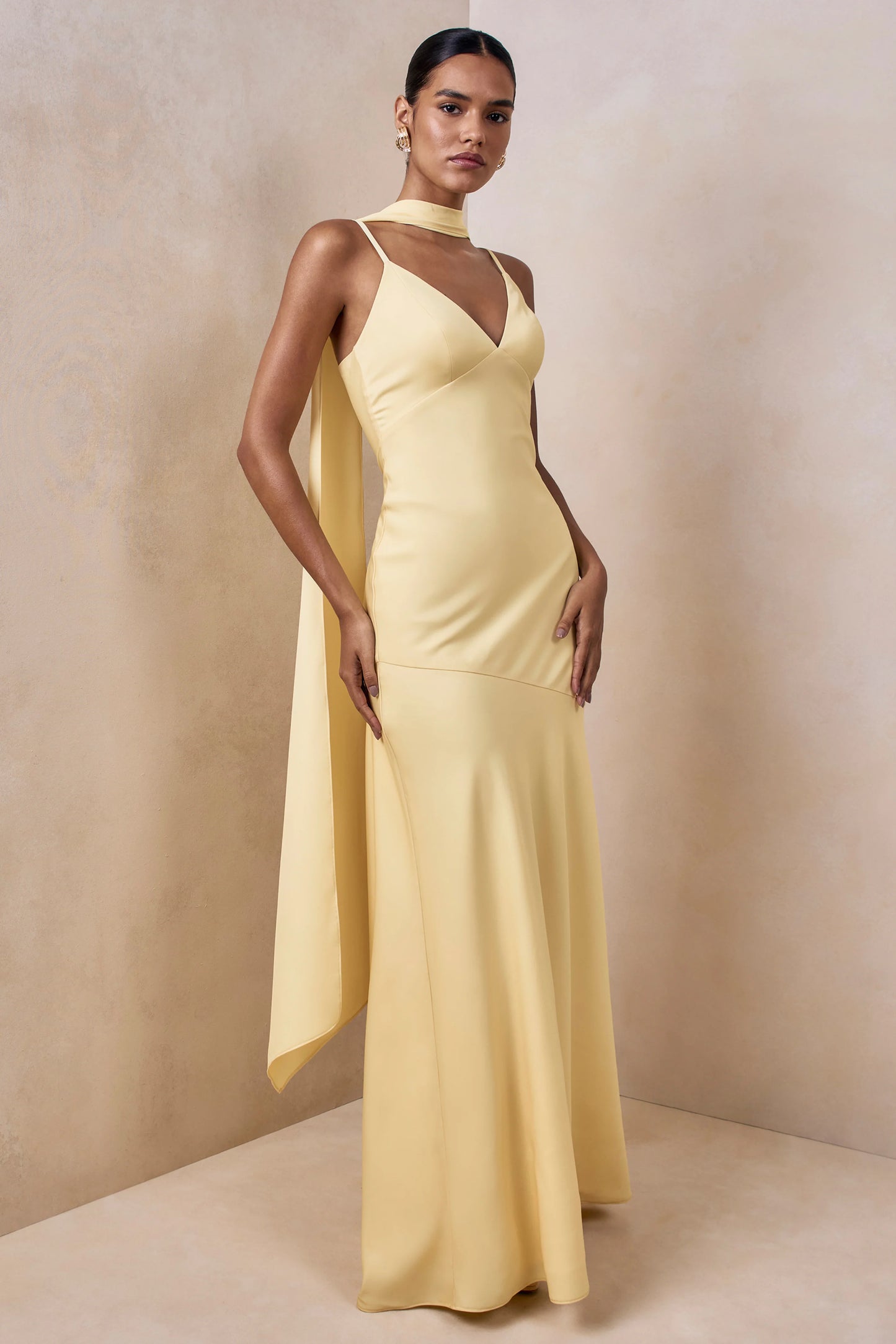 Starling Lemon Matte Satin Plunge-Neck Maxi Dress With Scarf-Detail