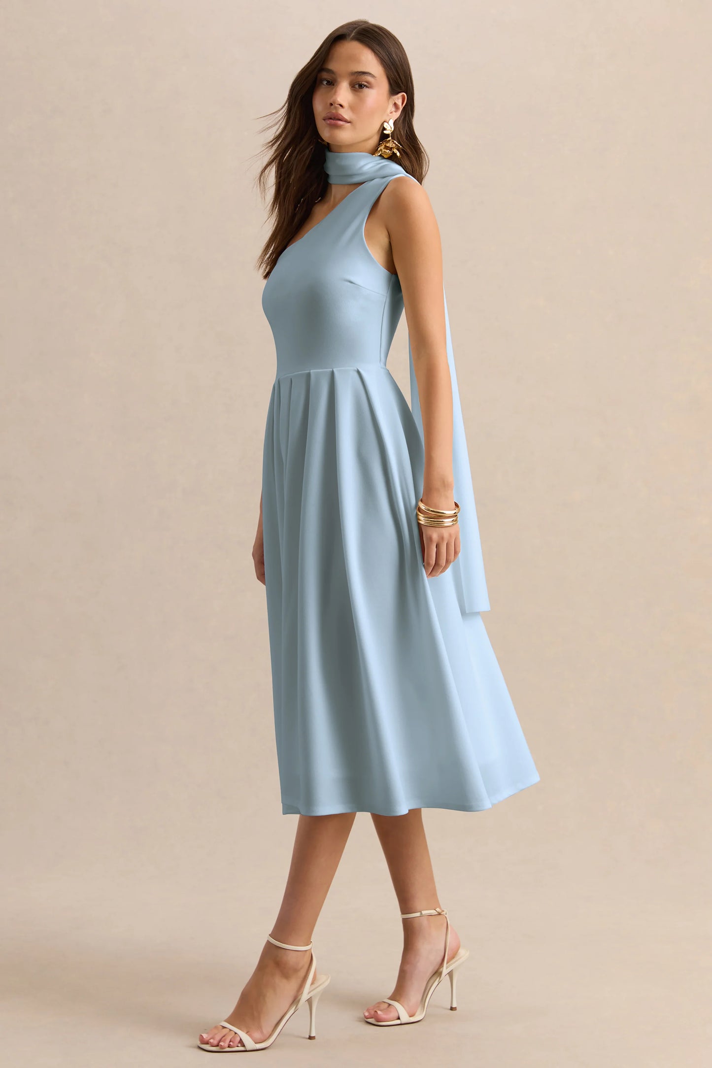 Odette Powder Blue Asymmetric-Neck Midi Dress With Scarf