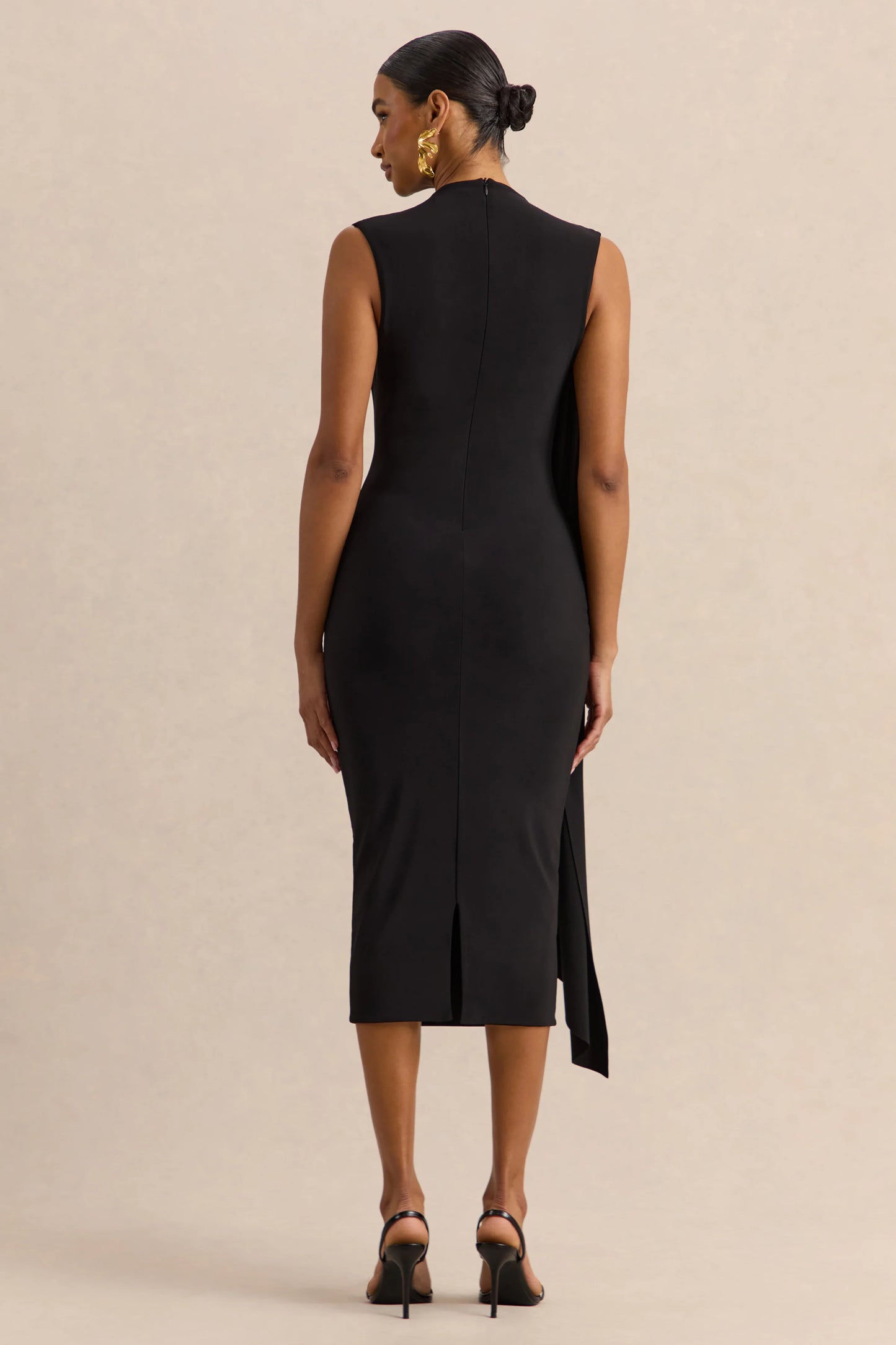 Oleandra Black High-Neck Midi-Dress With Draped-Detail