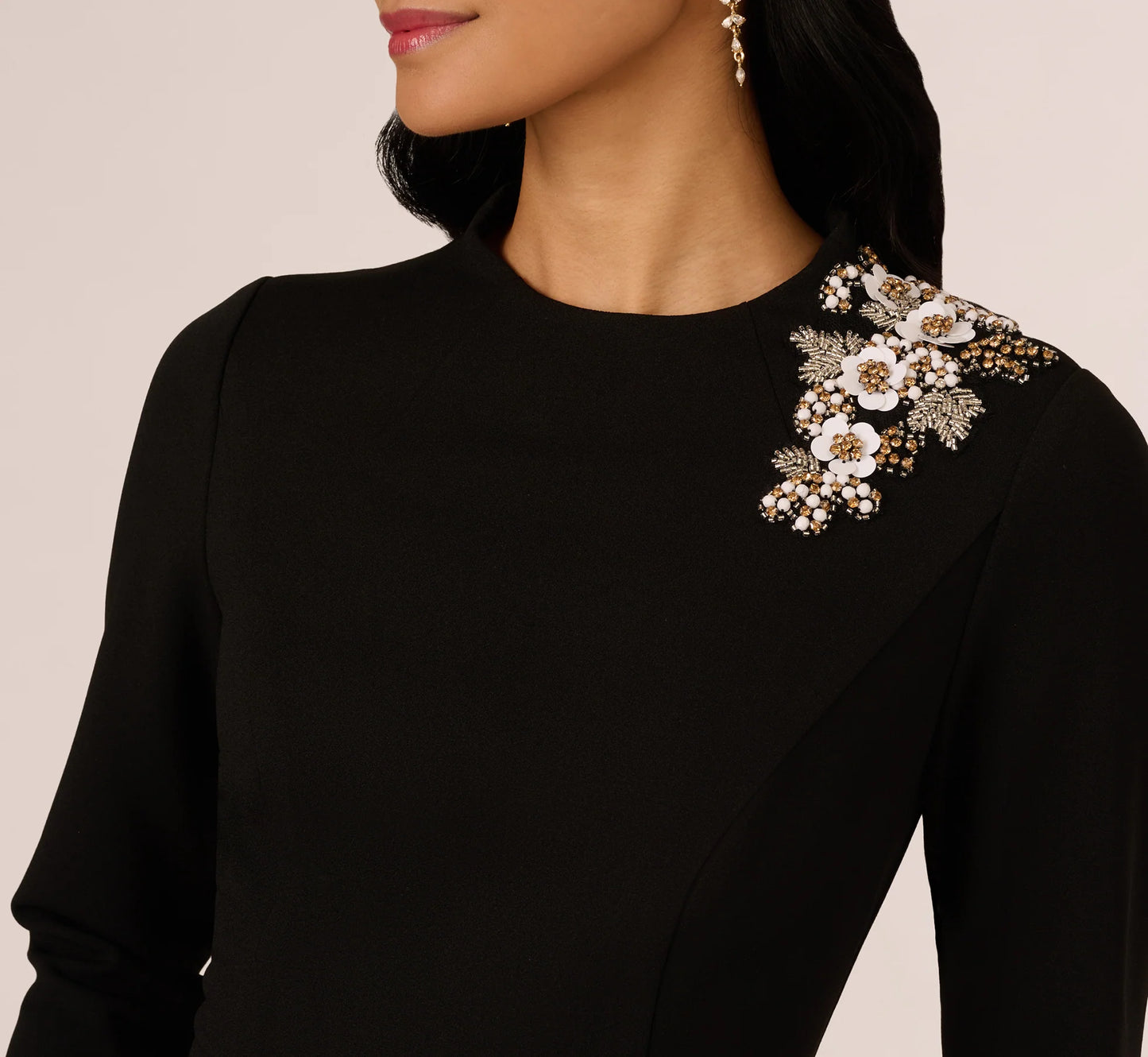 Three Quarter Sleeve Floral Applique Sheath Dress In Black