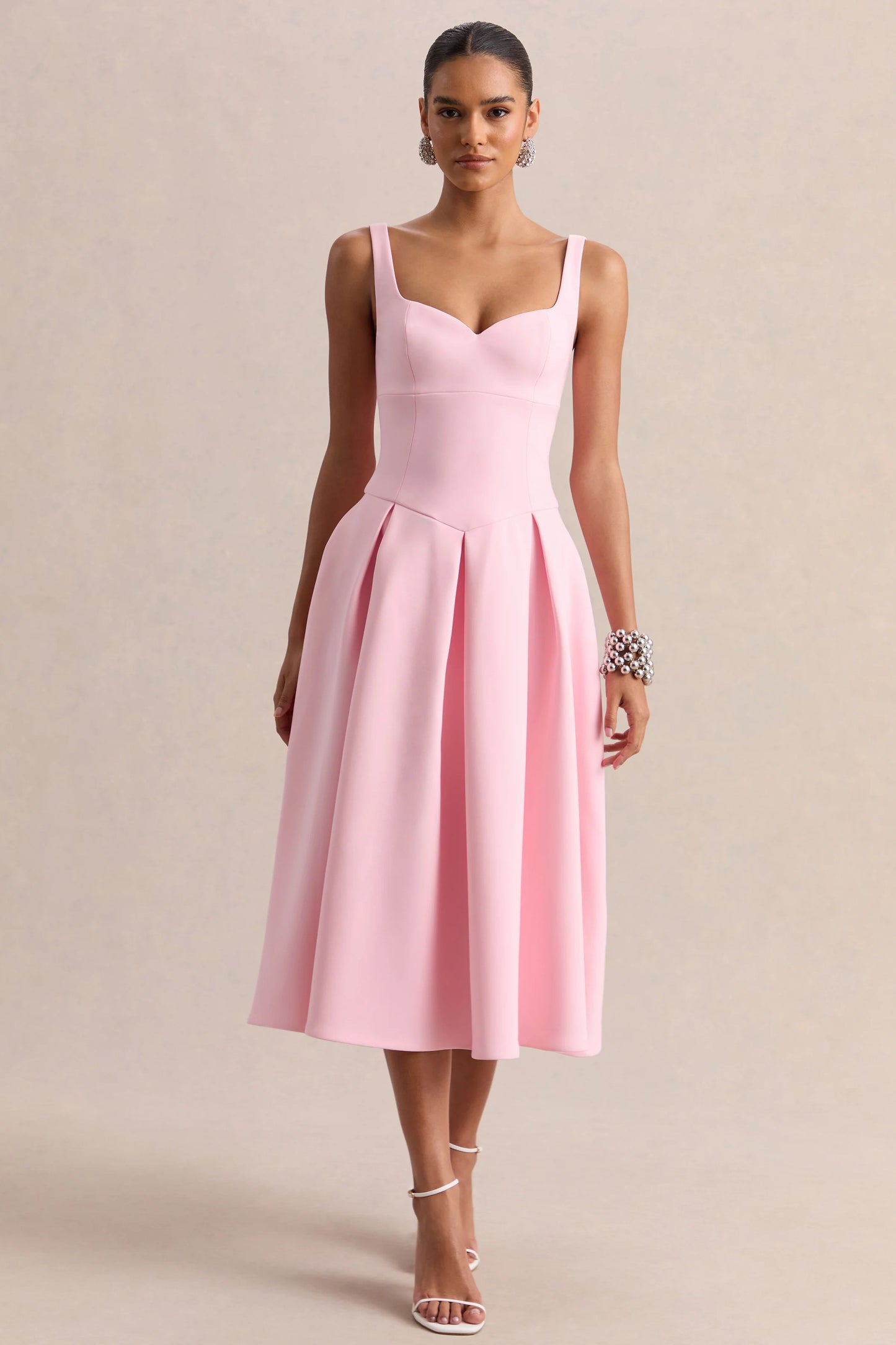 Greta Light Pink Sweetheart-Neck Midi Dress