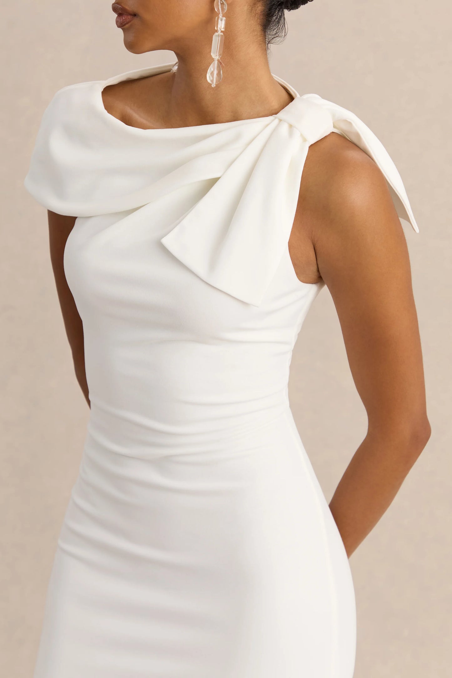 Clarina White Asymmetric-Neck Midi Dress With Bow-Detail