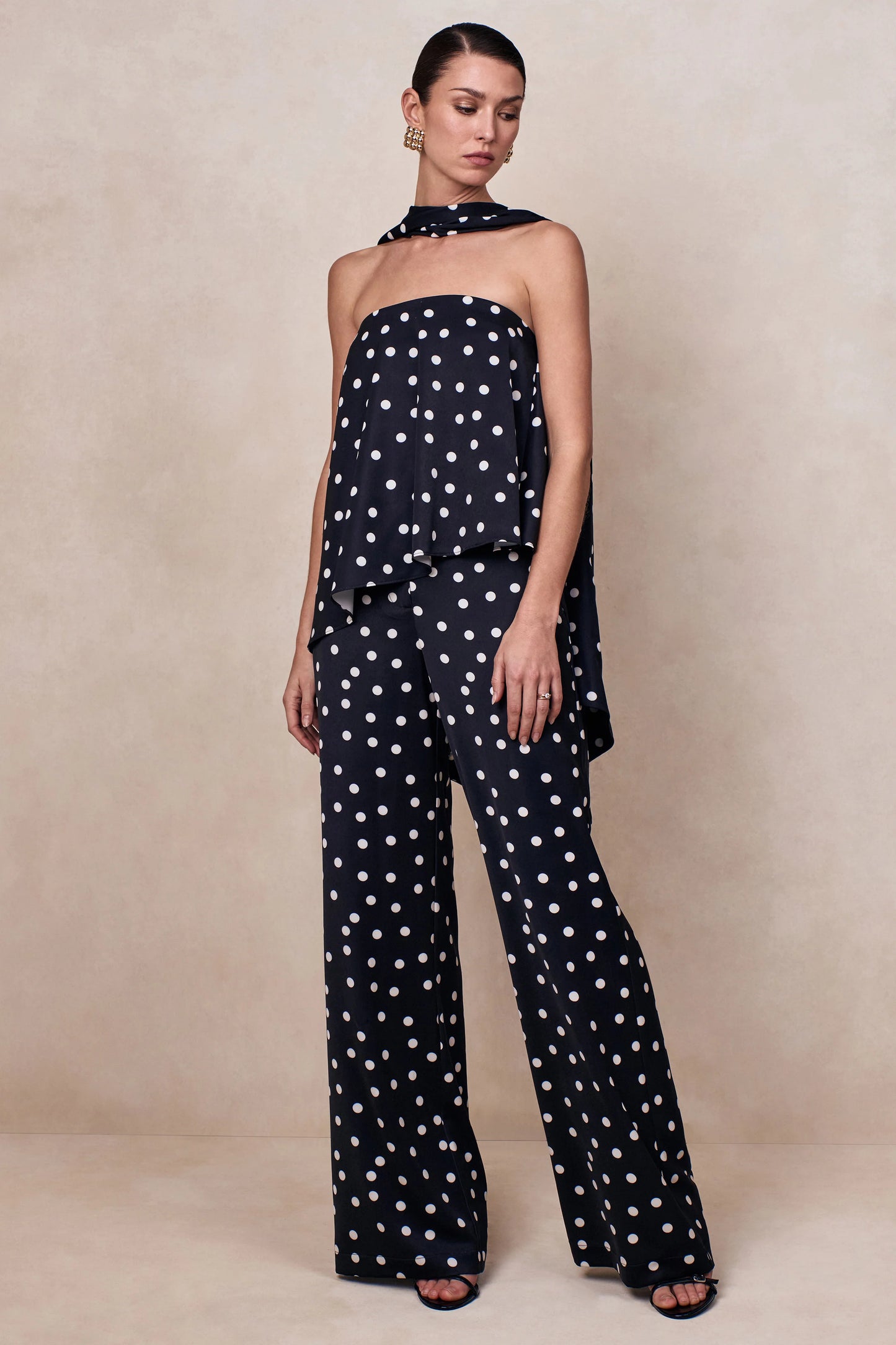 Seloria Black & White Satin Polka Dot Wide-Leg Trouser