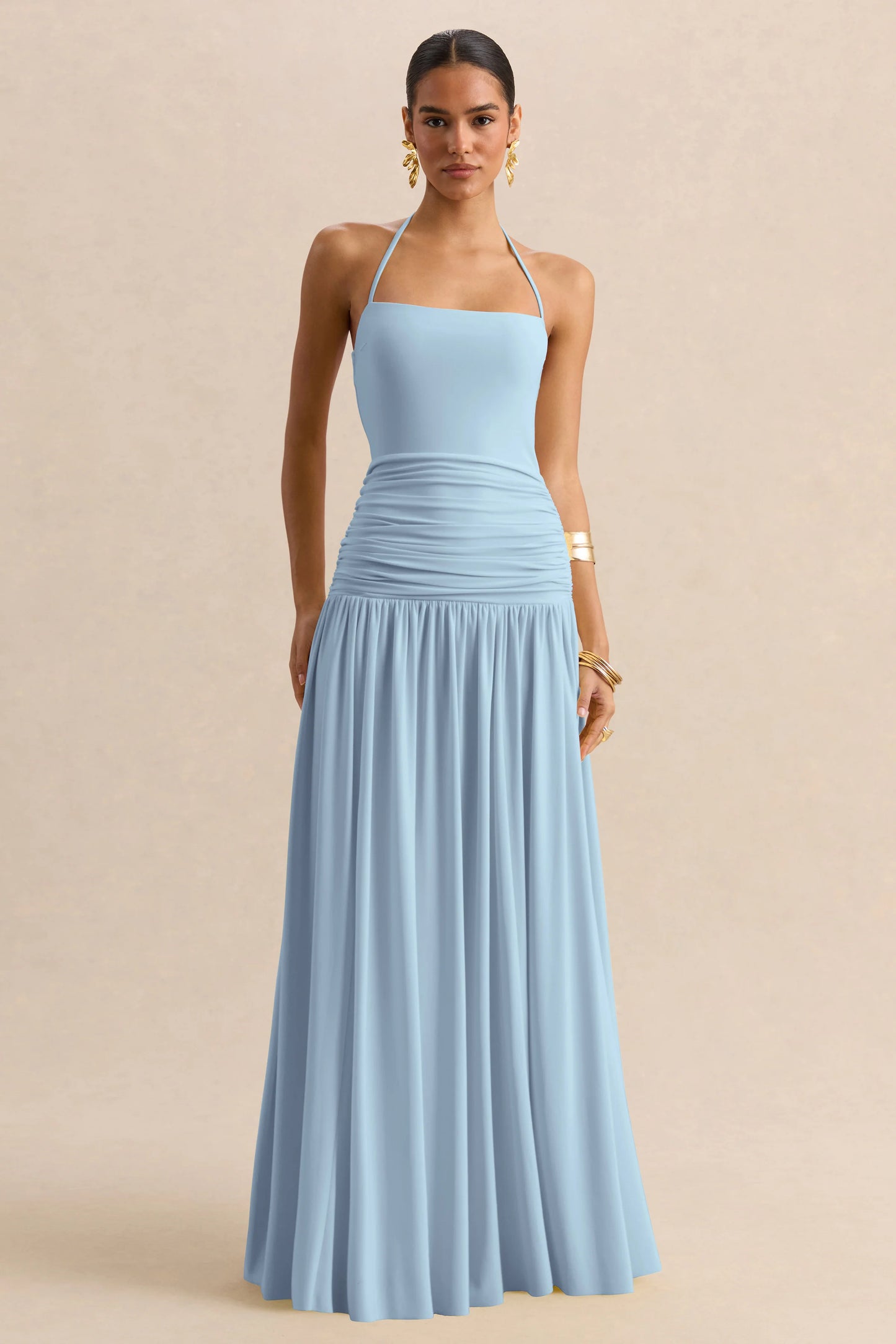 Nicolette Powder Blue Square-Neck Maxi Dress With Ruched-Detailing