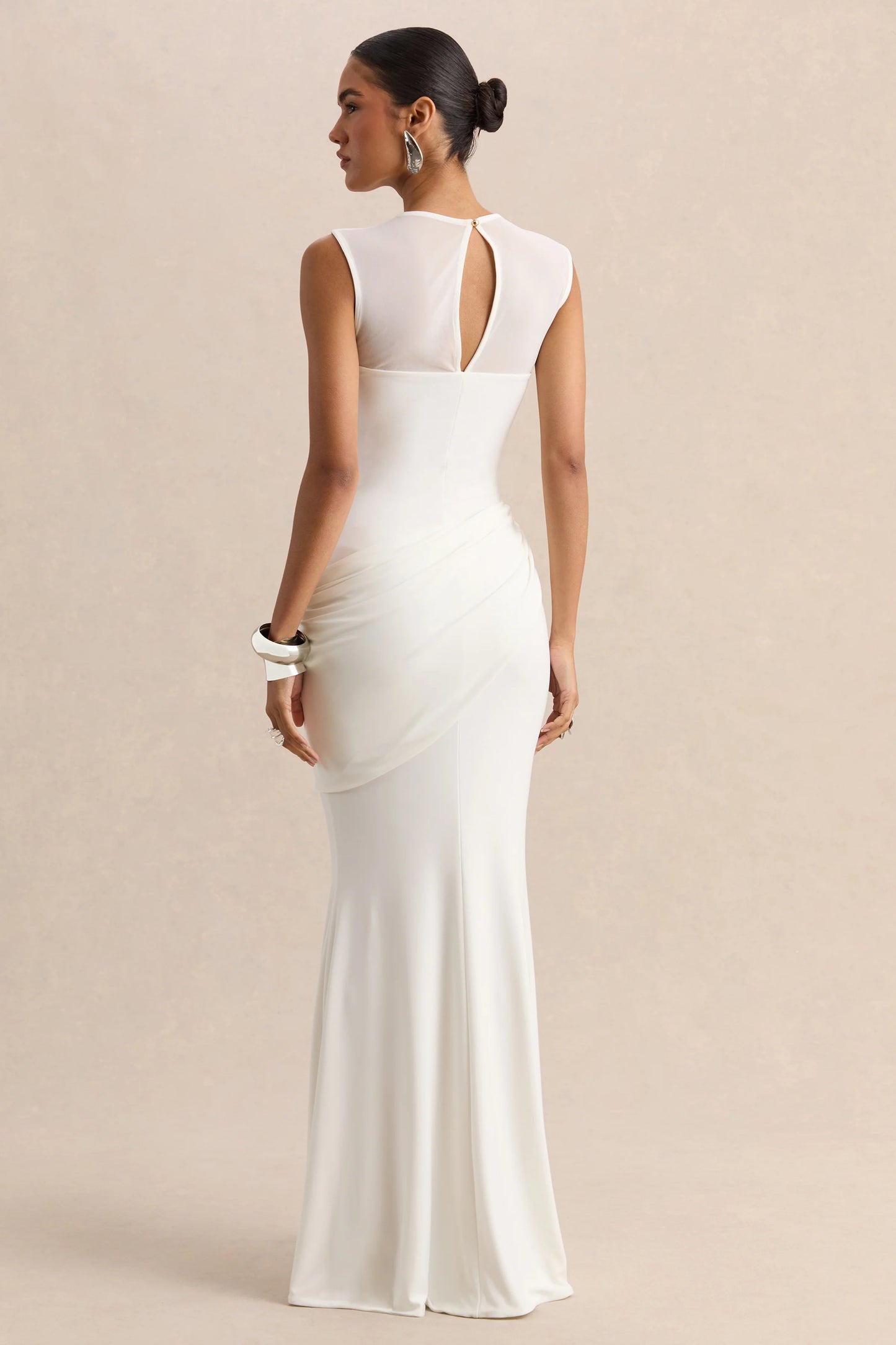 Lyssy White High-Neck Maxi Dress With Mesh-Detail