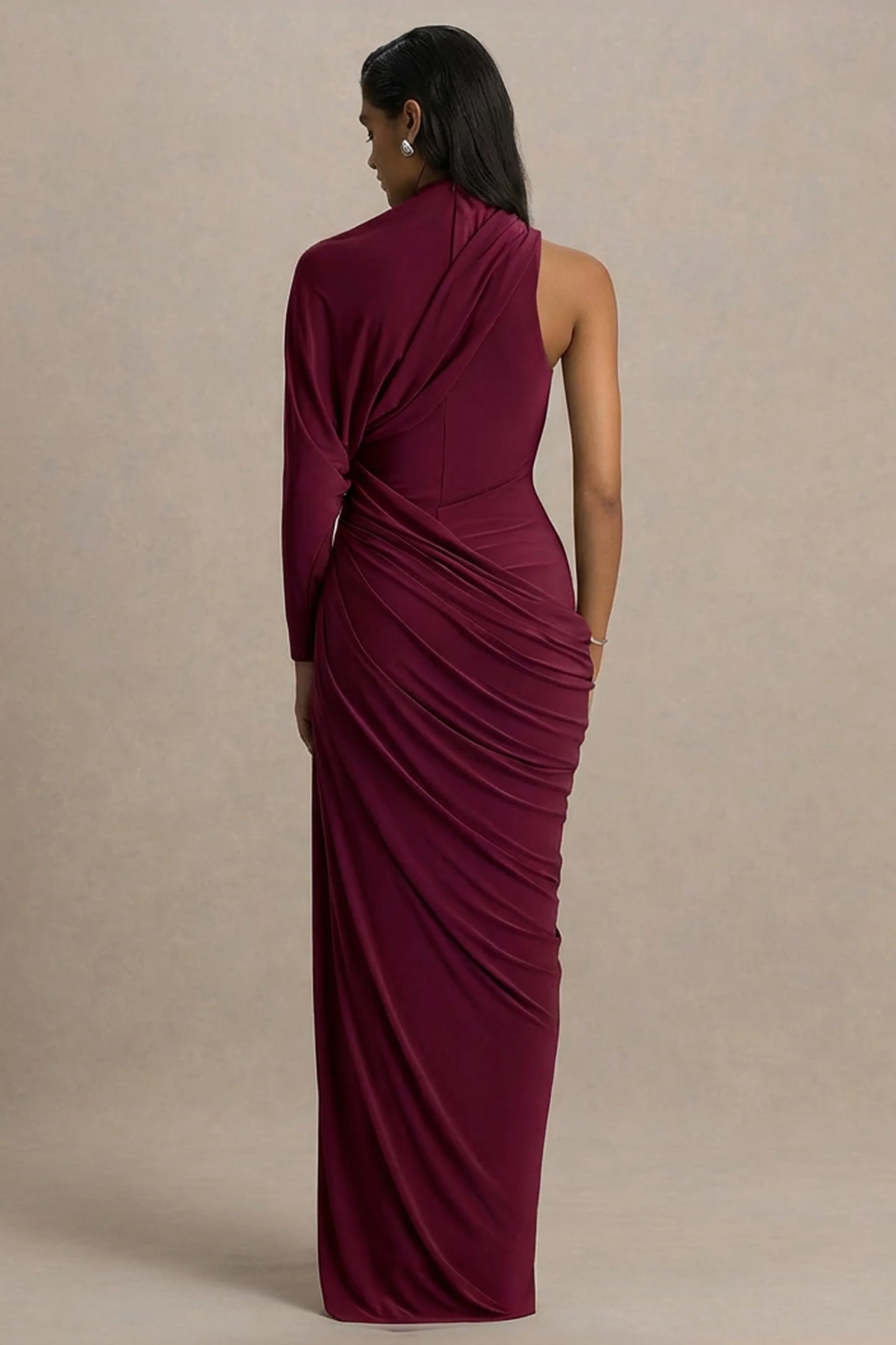 Aphra Burgundy High-Neck Maxi Dress With Cape-Sleeve