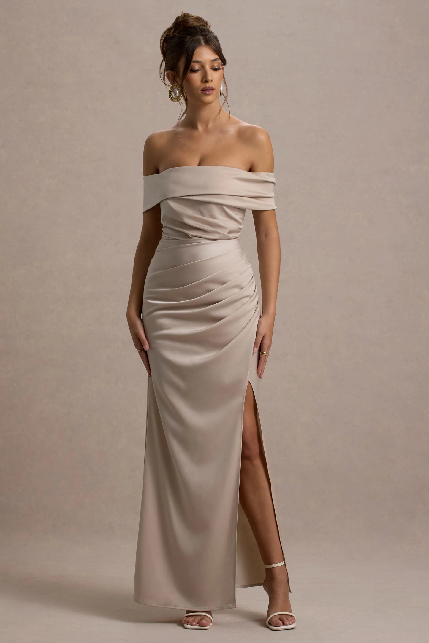 Martine Champagne Satin Bardot Wrap Maxi Dress