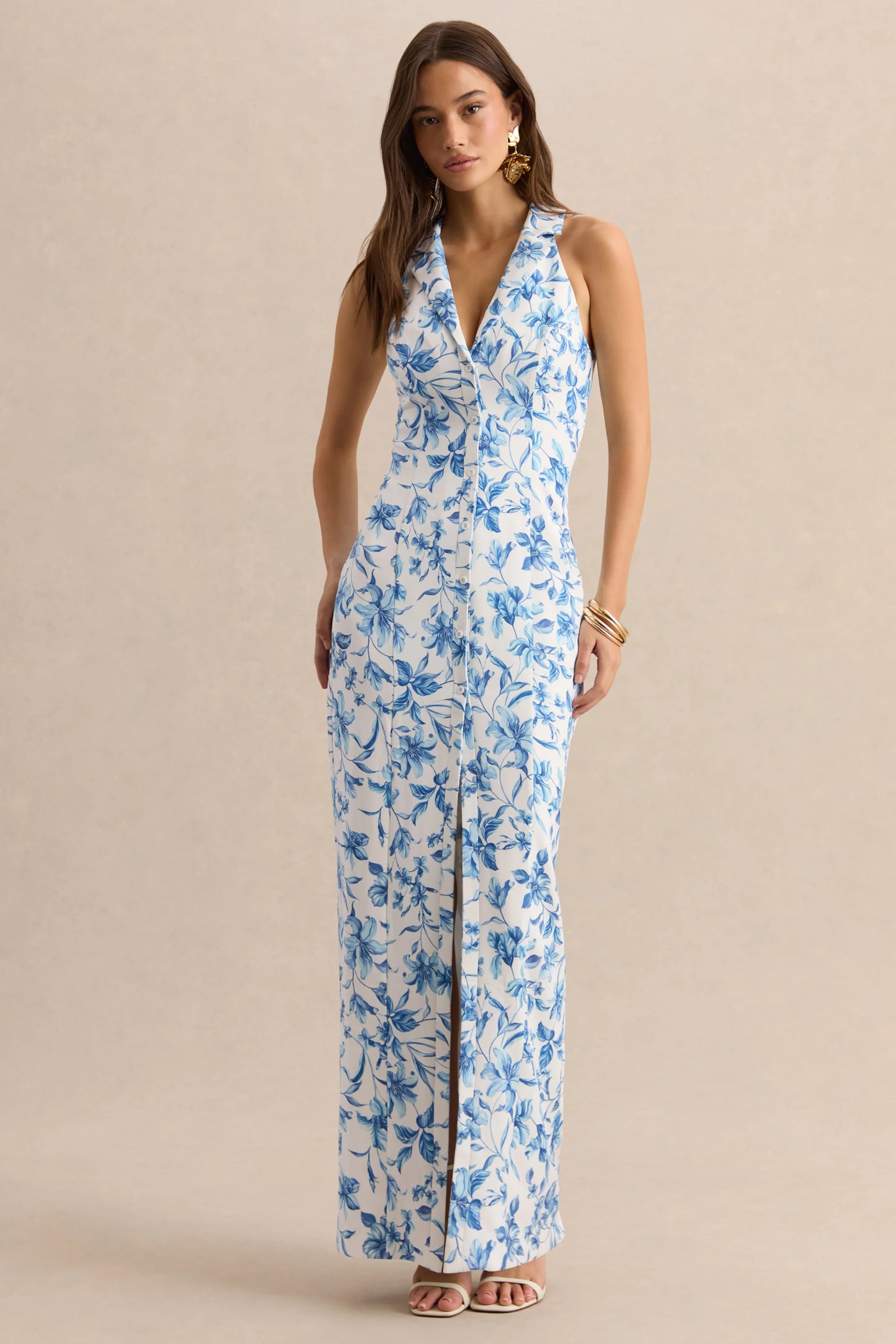 Quinn Blue Porcelain Print Plunge-Neck Tailored Maxi Dress