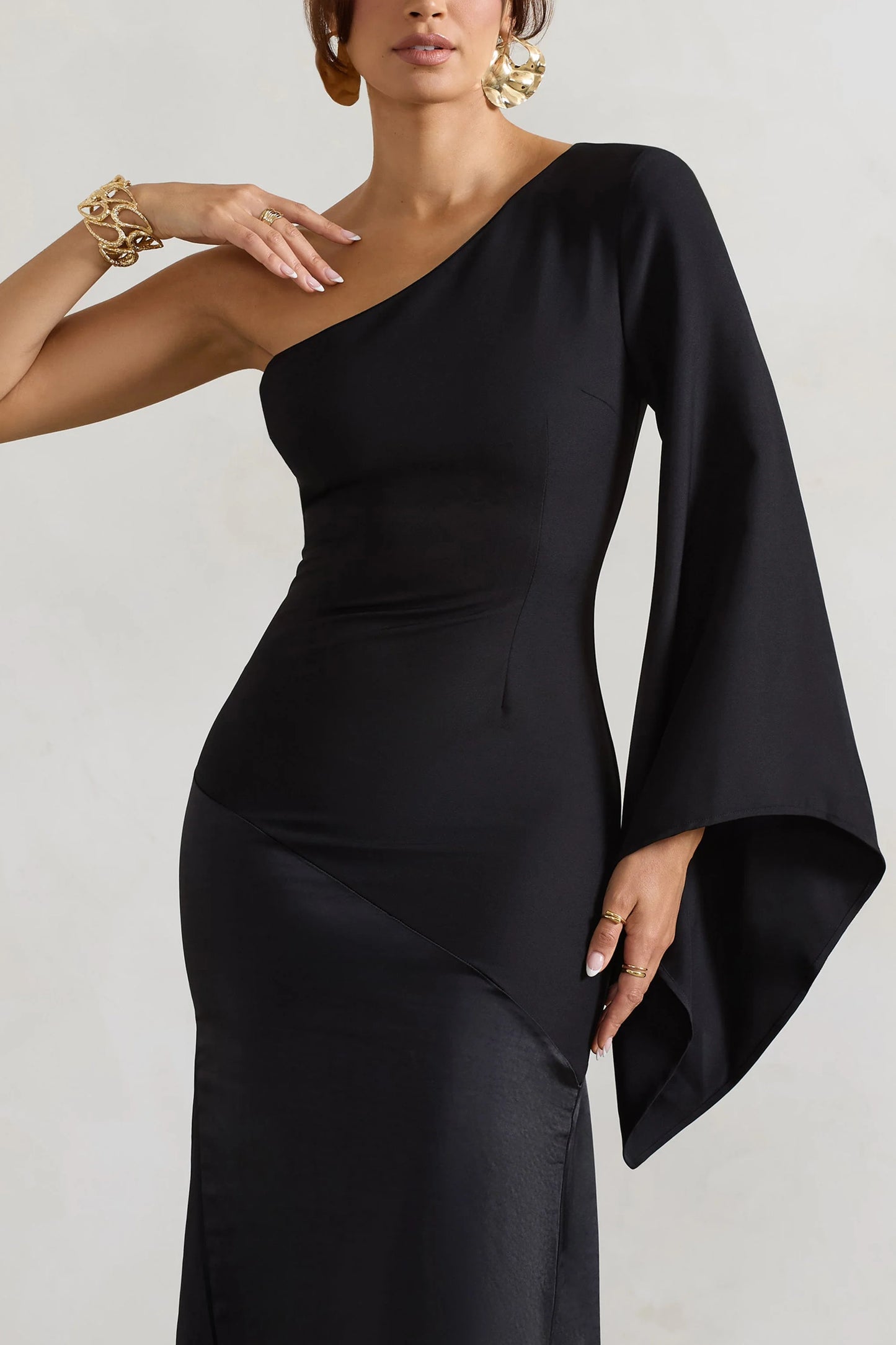 Salem Black Asymmetric Cape-Sleeve Maxi Dress With Satin Skirt