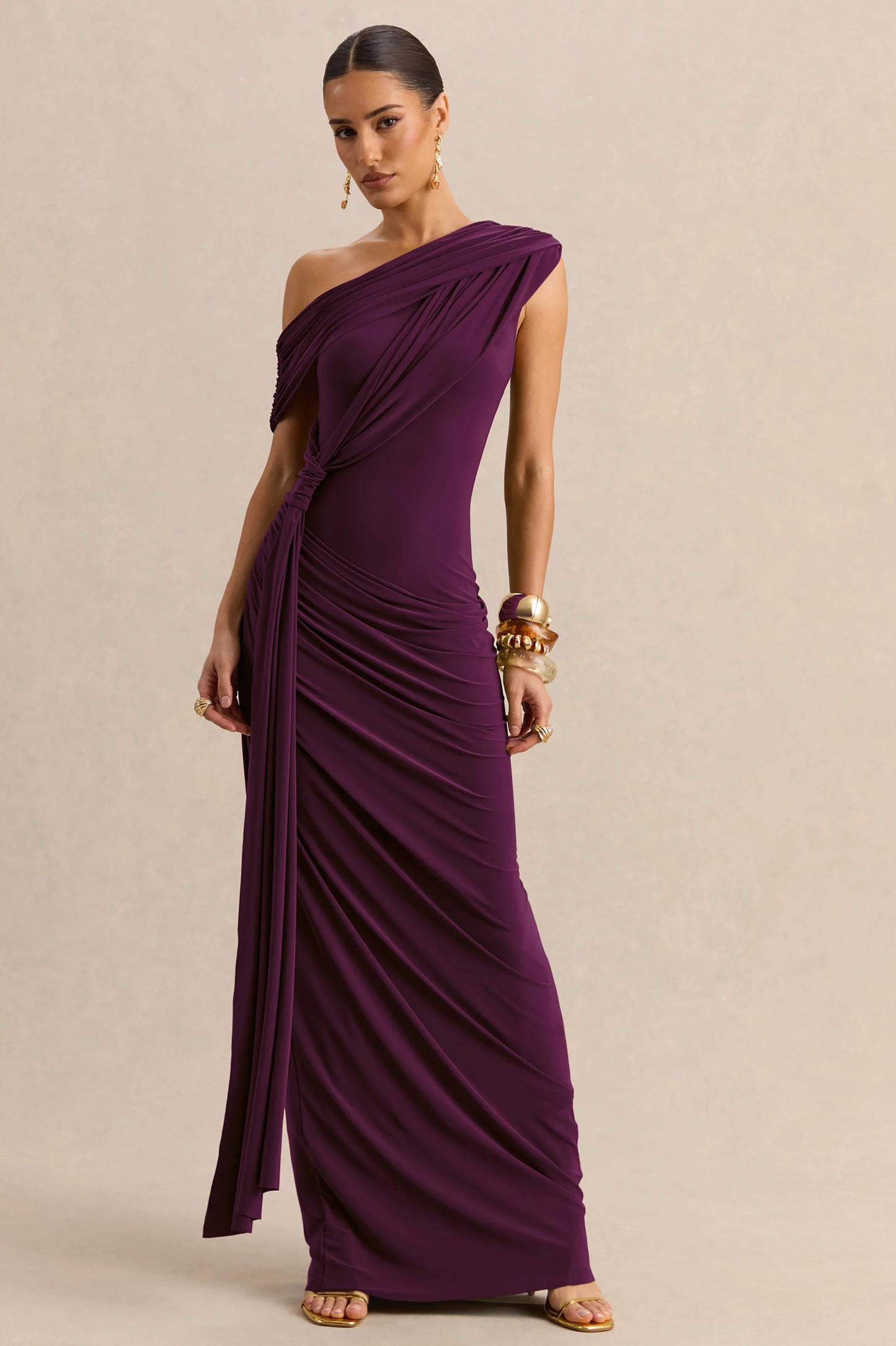 Avialee Dark Plum Asymmetric-Neck Maxi Dress With Gathered-Detailing And Sash