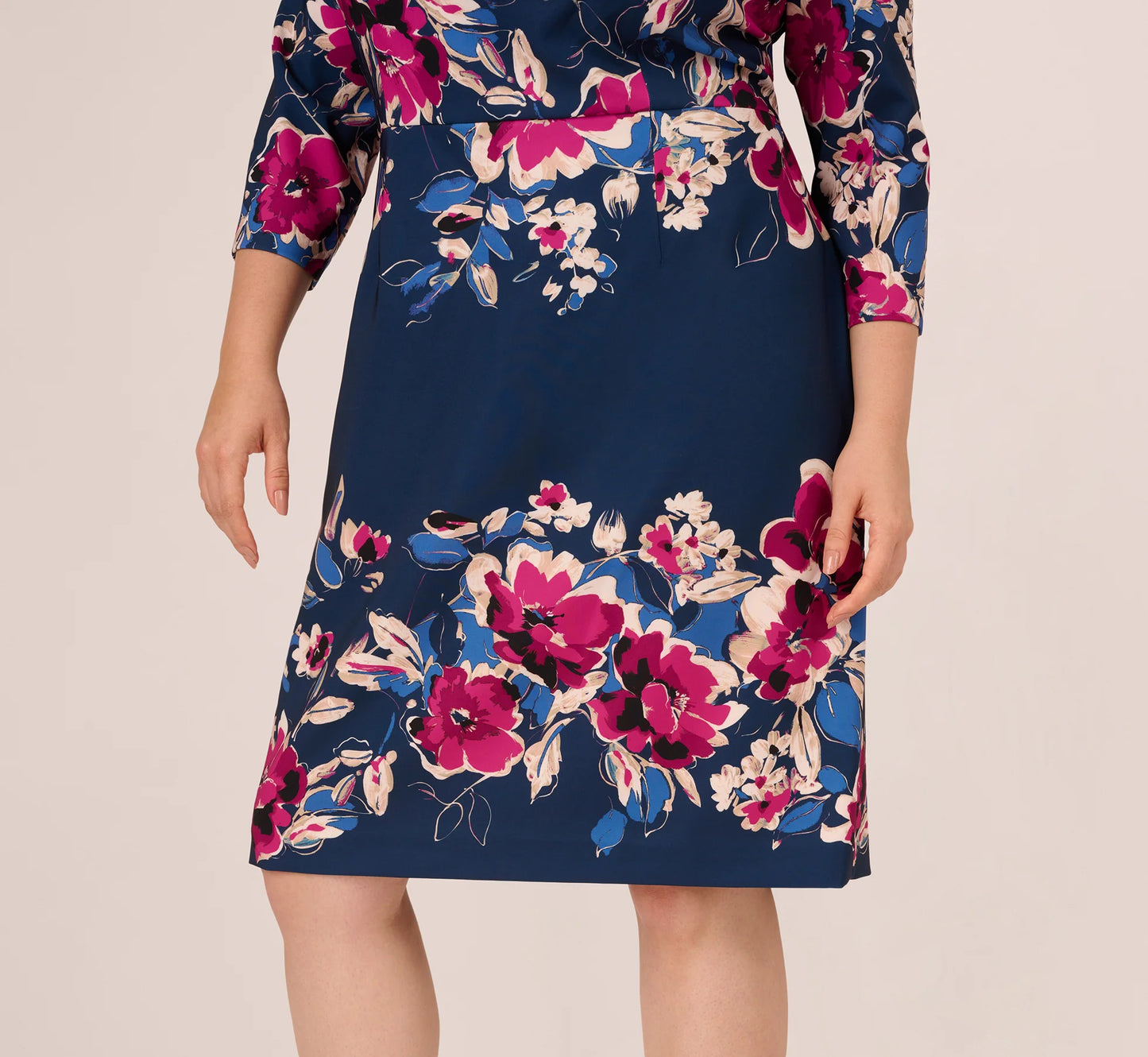 Plus Size Three Quarter Sleeve Floral Sheath Dress In Navy Pink Multi