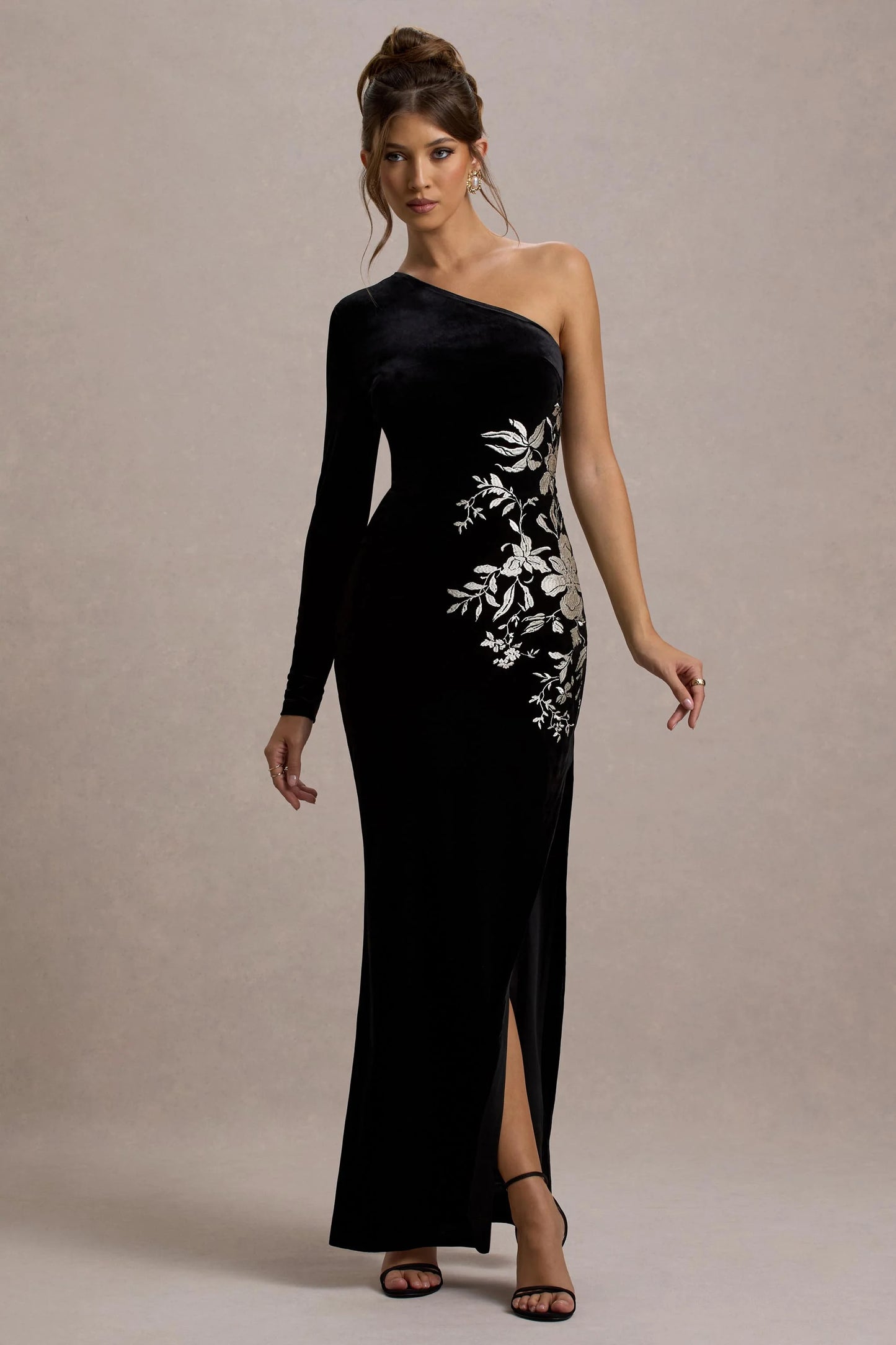 Chance Black Embroidered Velvet One-Sleeve Maxi Dress