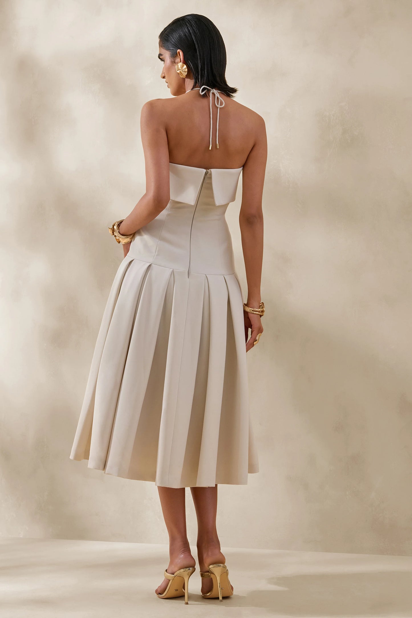 Dazira Cream Square-Neck Midi Dress With Drop-Waist