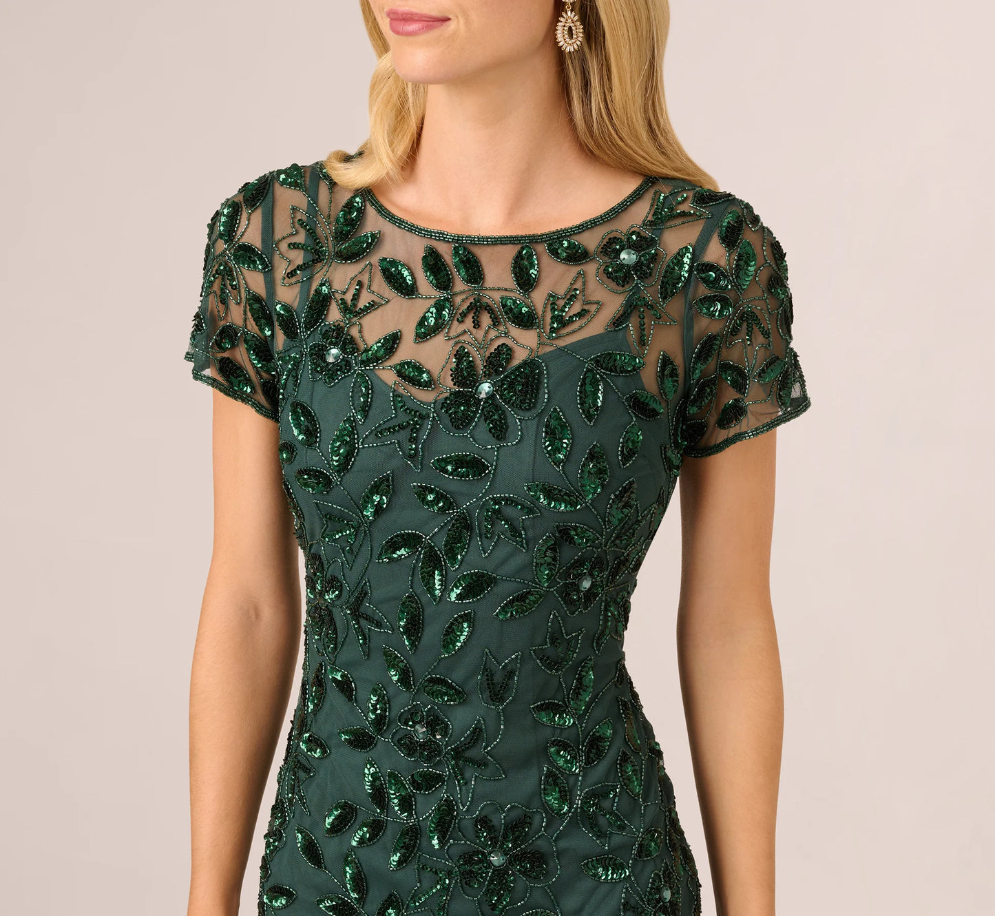 Hand Beaded Short Sleeve Floral Godet Gown In Dusty Emerald
