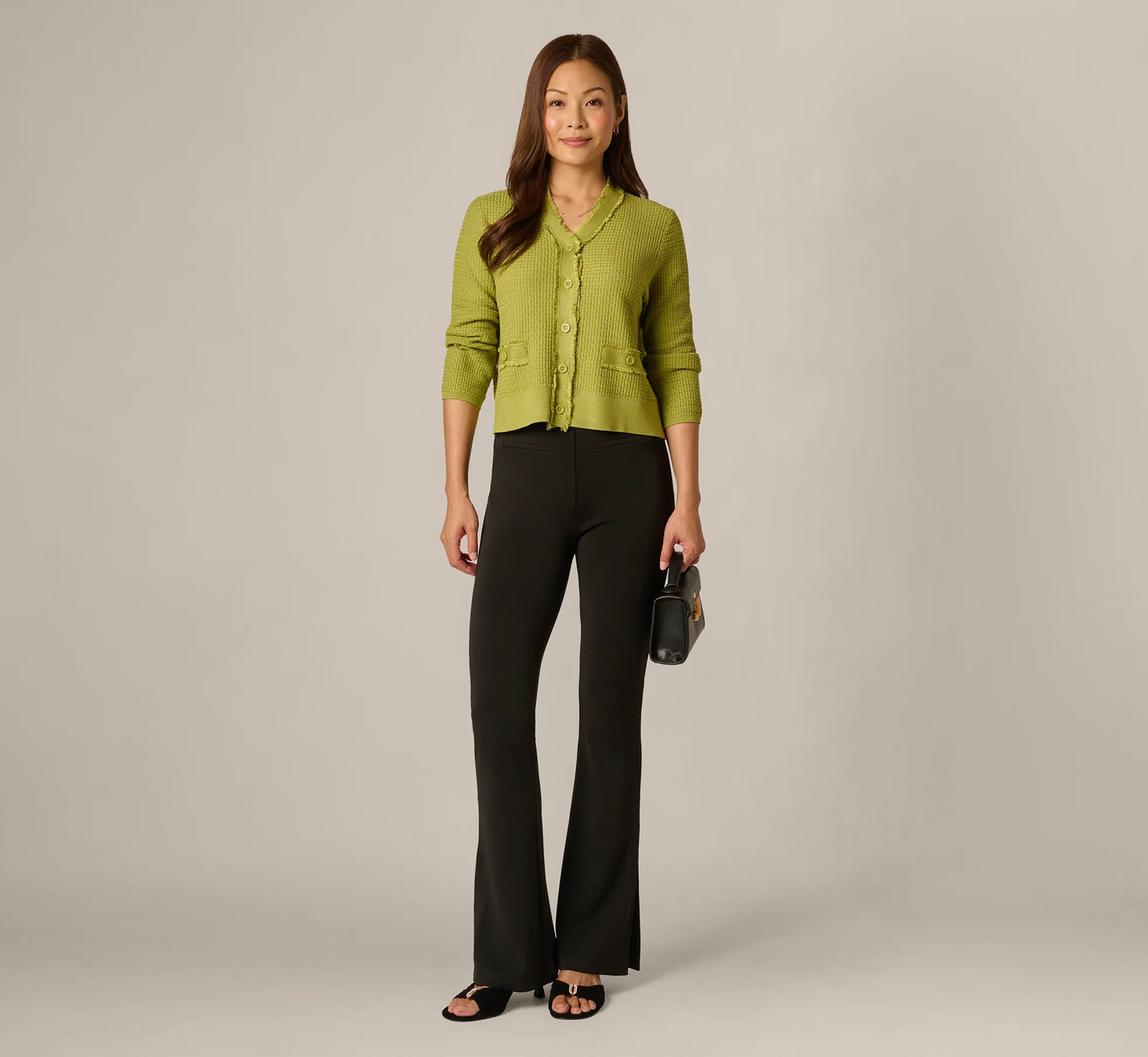 Waffle Knit Cardigan Sweater With Frayed Edges In Apple Green