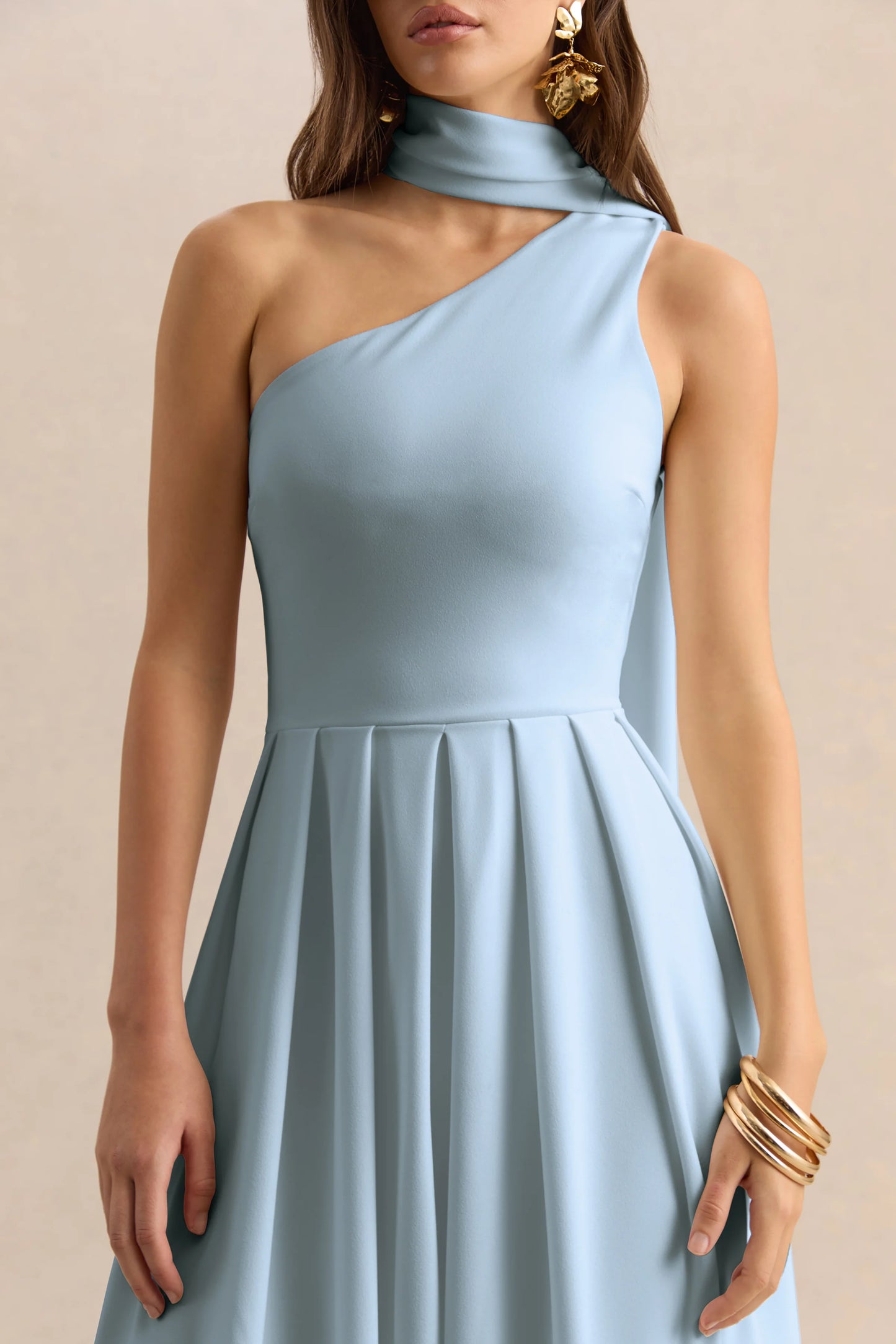Odette Powder Blue Asymmetric-Neck Midi Dress With Scarf