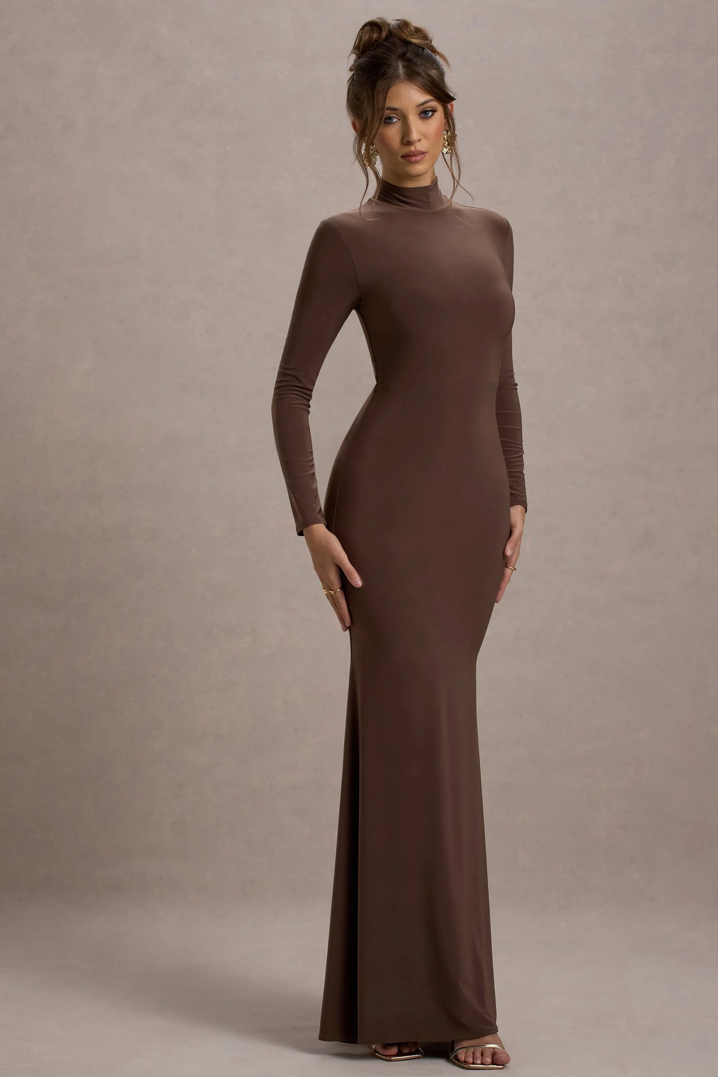 Tova Chocolate High-Neck Long-Sleeve Maxi Dress
