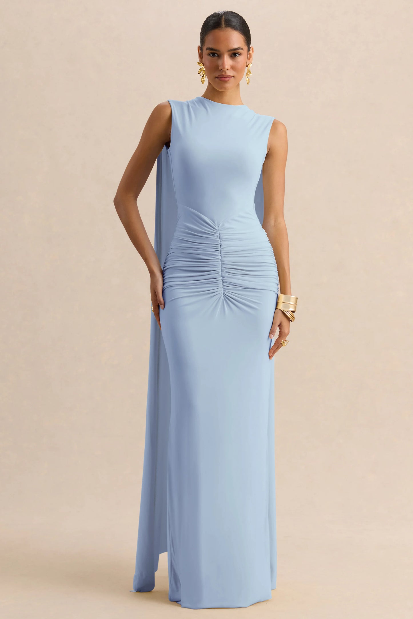 Premiere Powder Blue Boat-Neck Maxi Dress With Cape-Sleeves And Open-Back