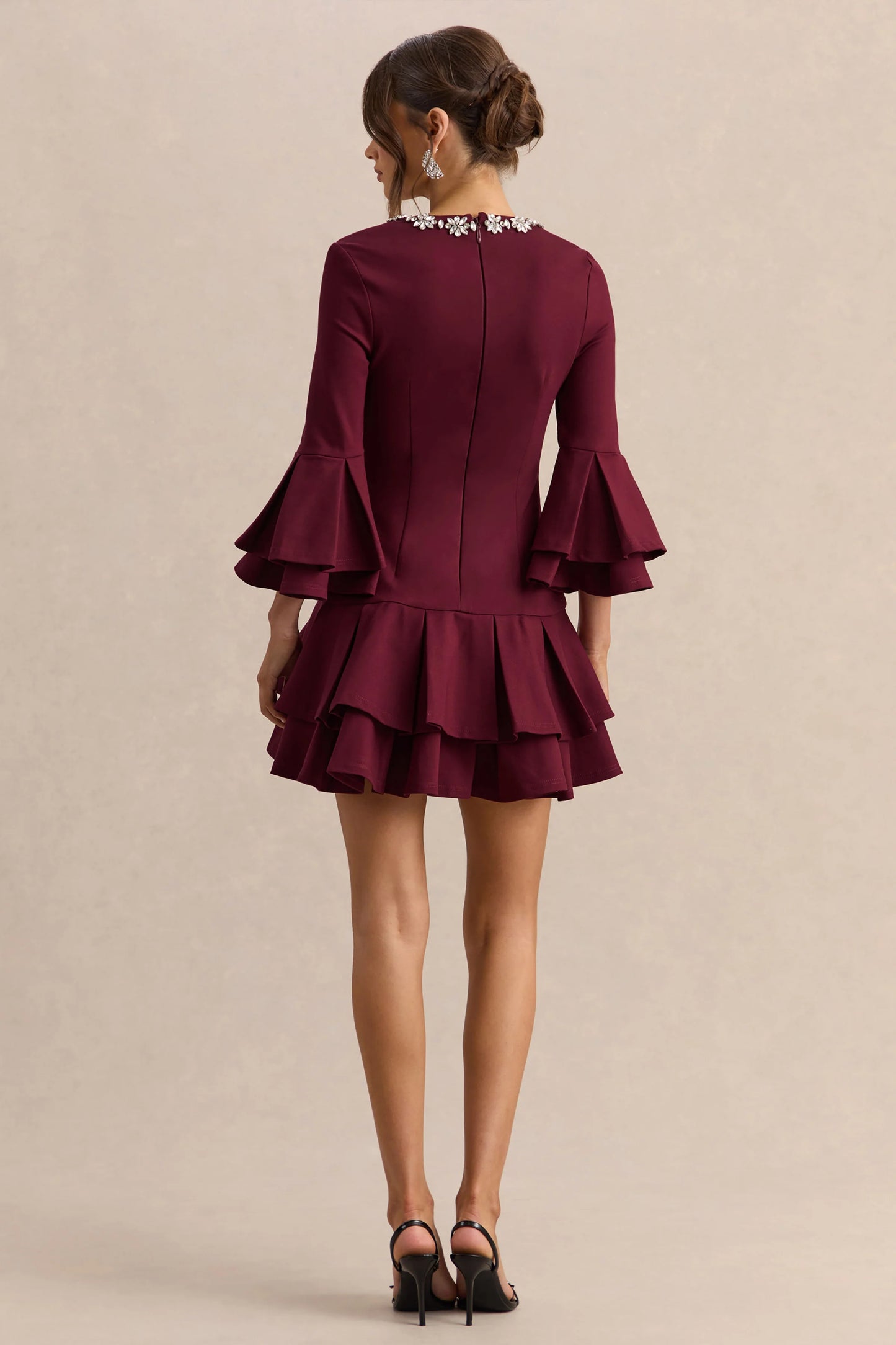 Mirna Burgundy Crew-Neck Mini Dress With Bell Sleeves And Ruffled Detailing