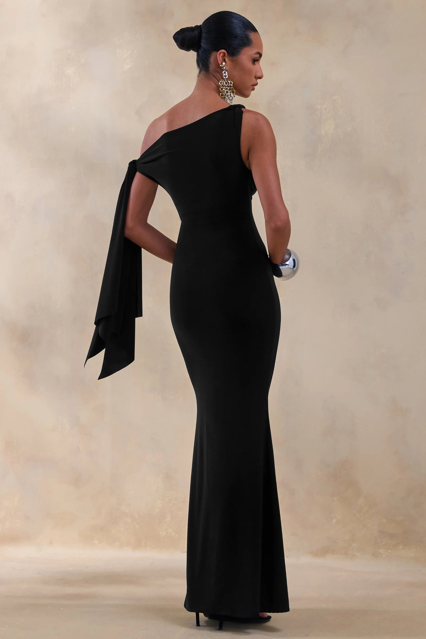 Vista Black Asymmetric-Neck Maxi Dress With Knot-Sleeve Detail