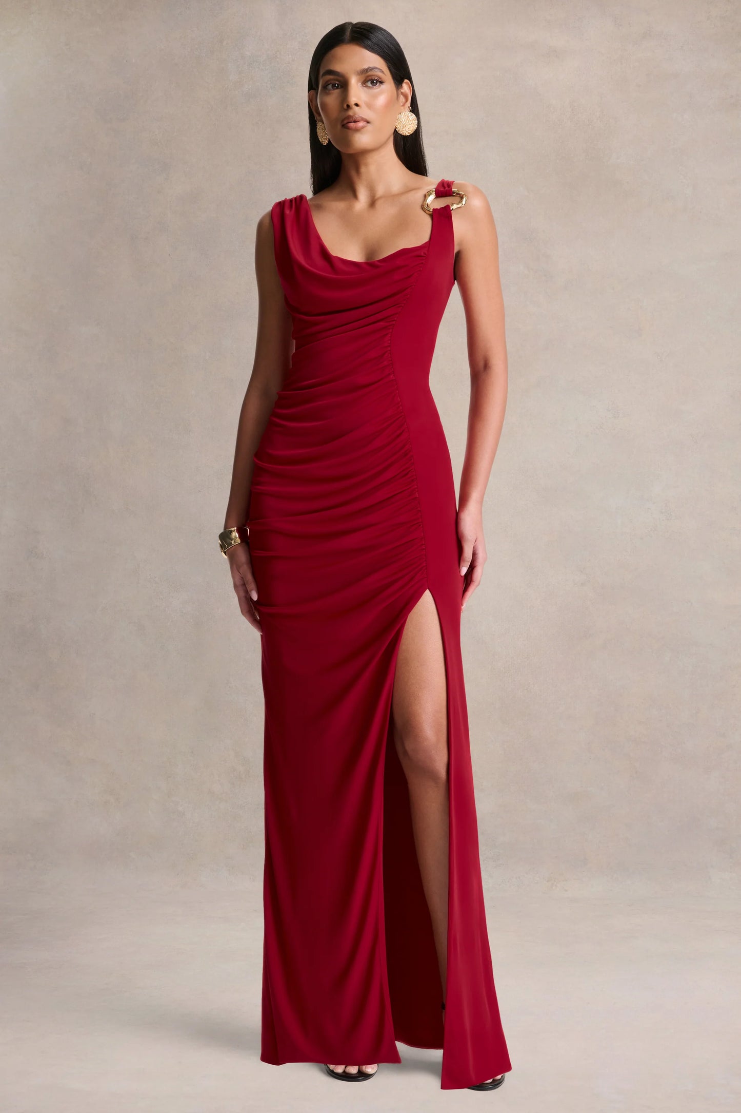 Vesperelle Red Scoop-Neck Maxi Dress With Gathered-Detailing