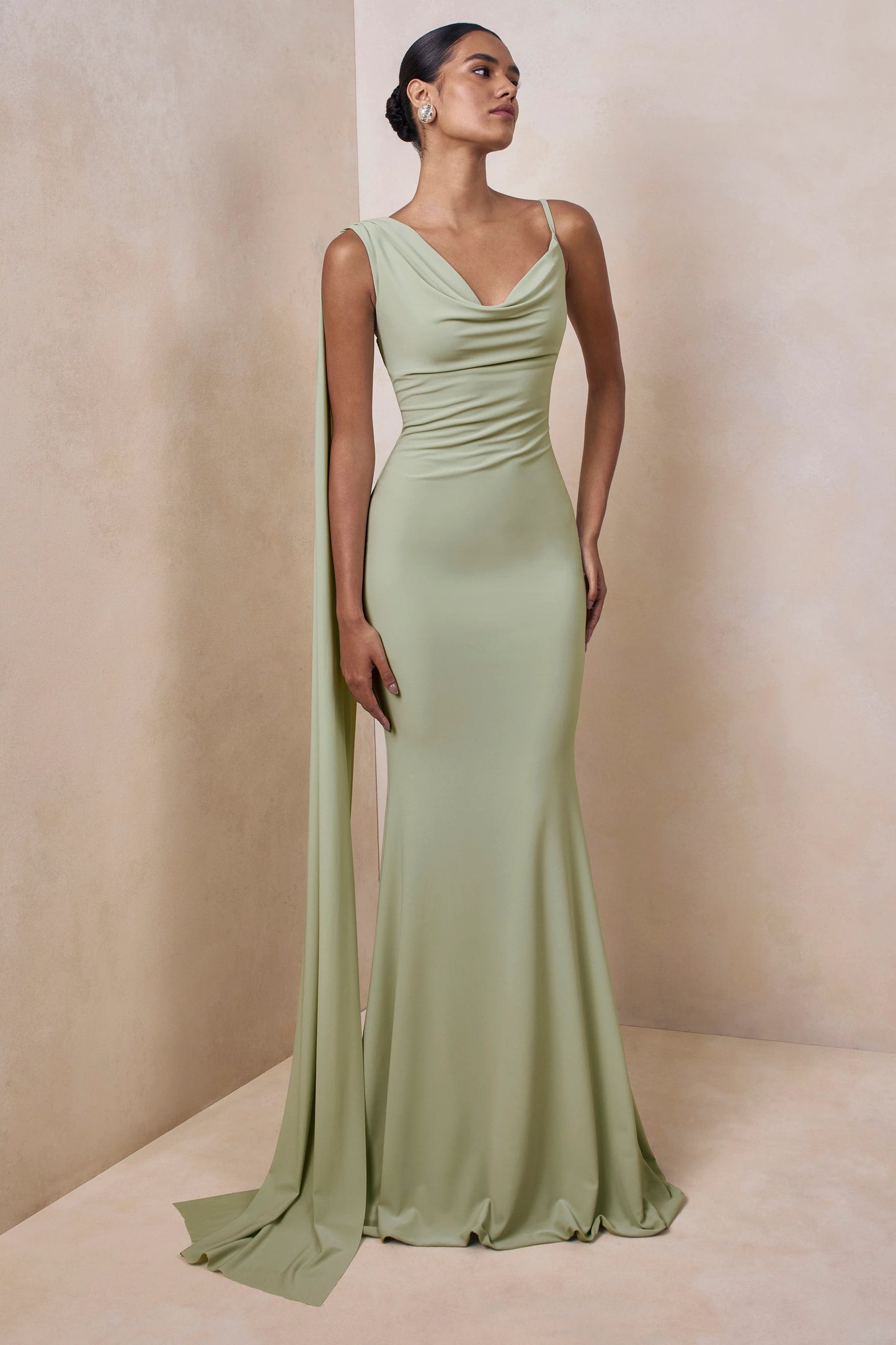Kenza Mint Asymmetric-Neck Maxi Dress With Scarf-Detail