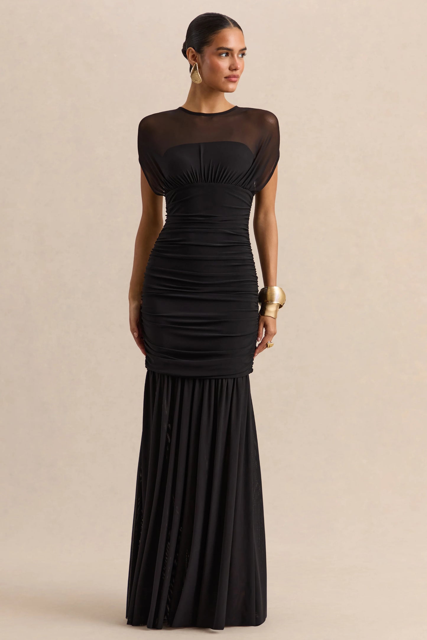 Kalene Black Wide-Neck Maxi Dress With Sheer-Detailing