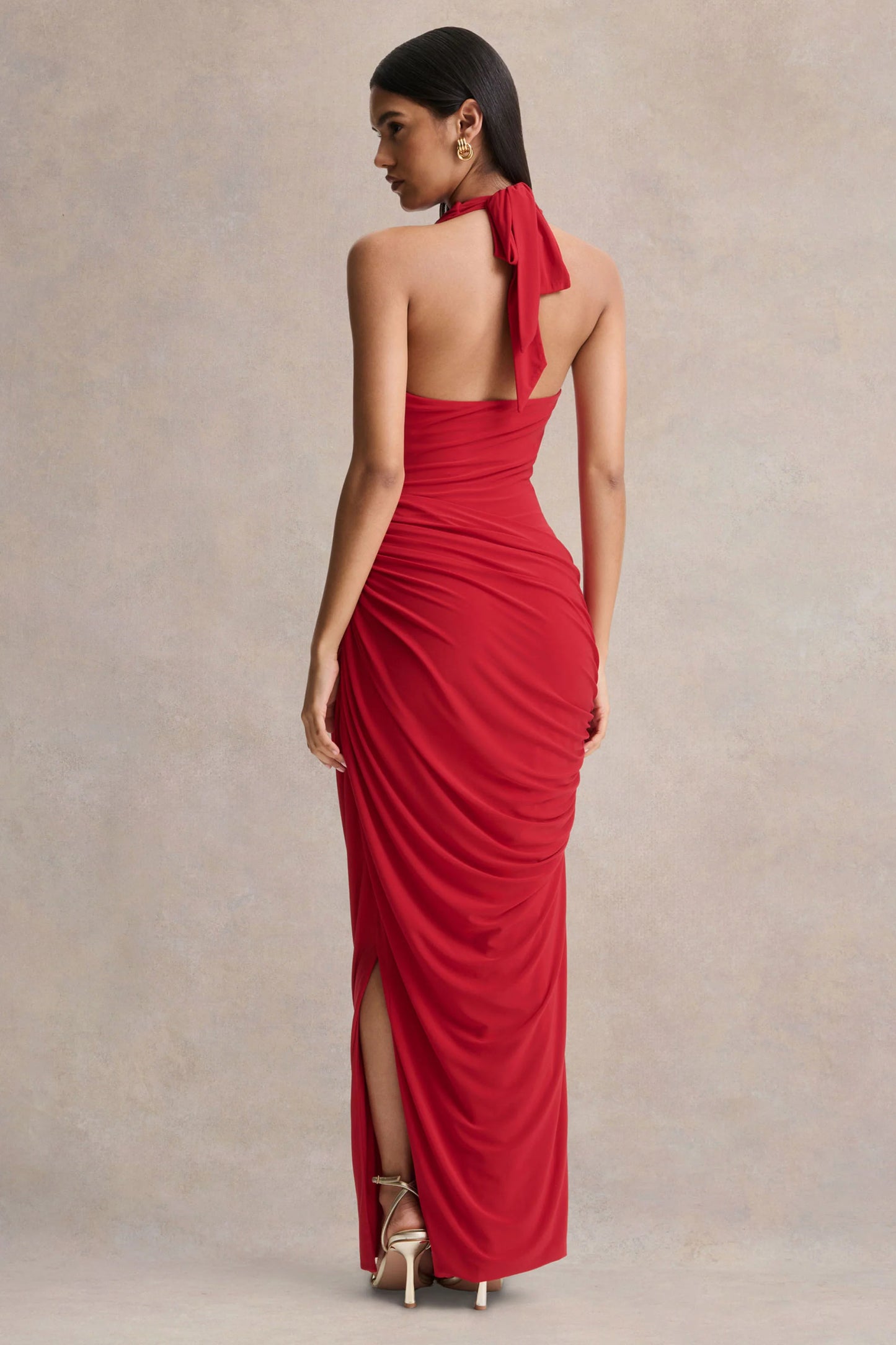 Cairo Red Cowl-Neck Maxi Dress With Gathered Detailing