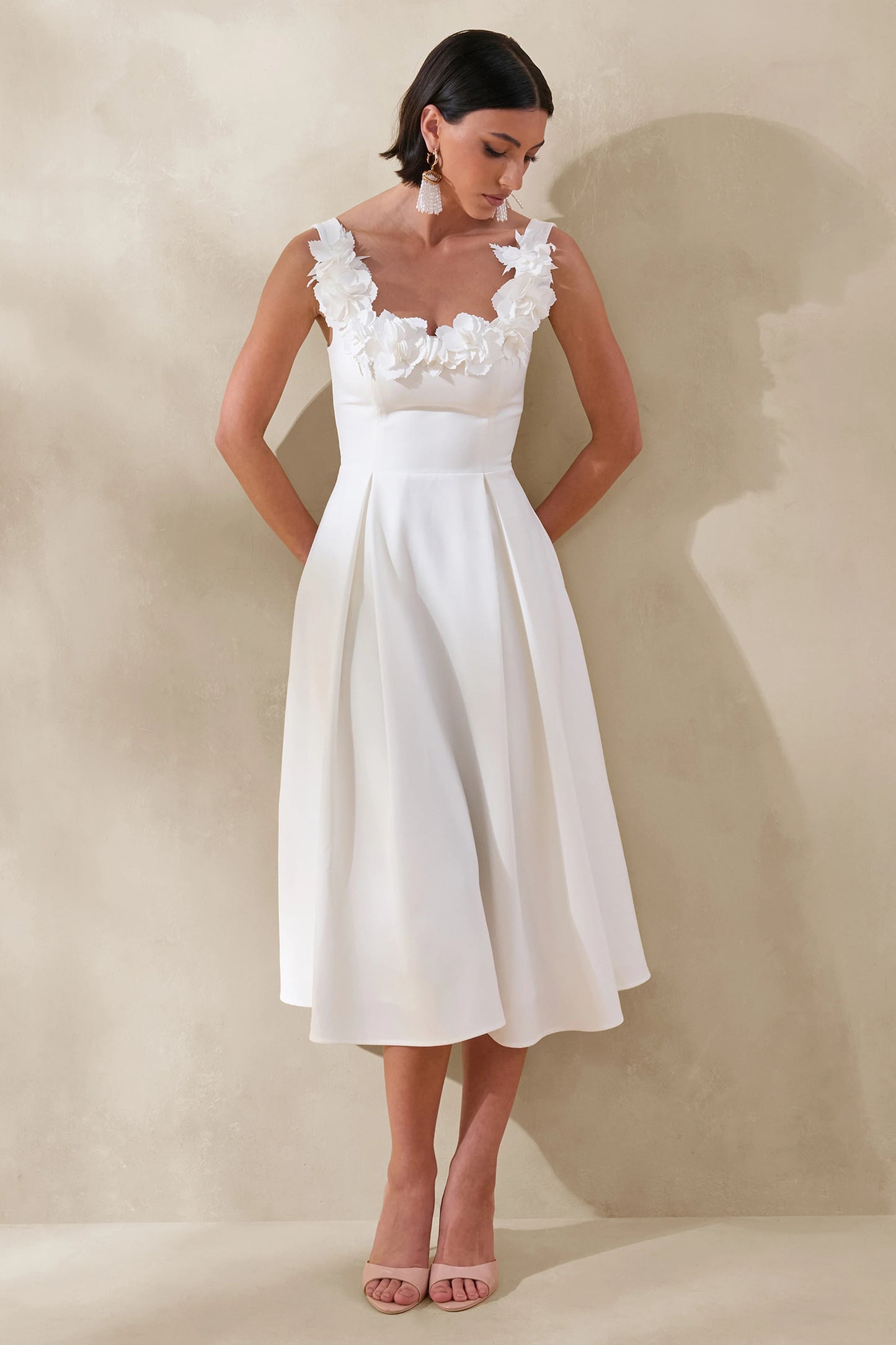 Maelle White Scoop-Neck Midi Dress With Corsage Detailing