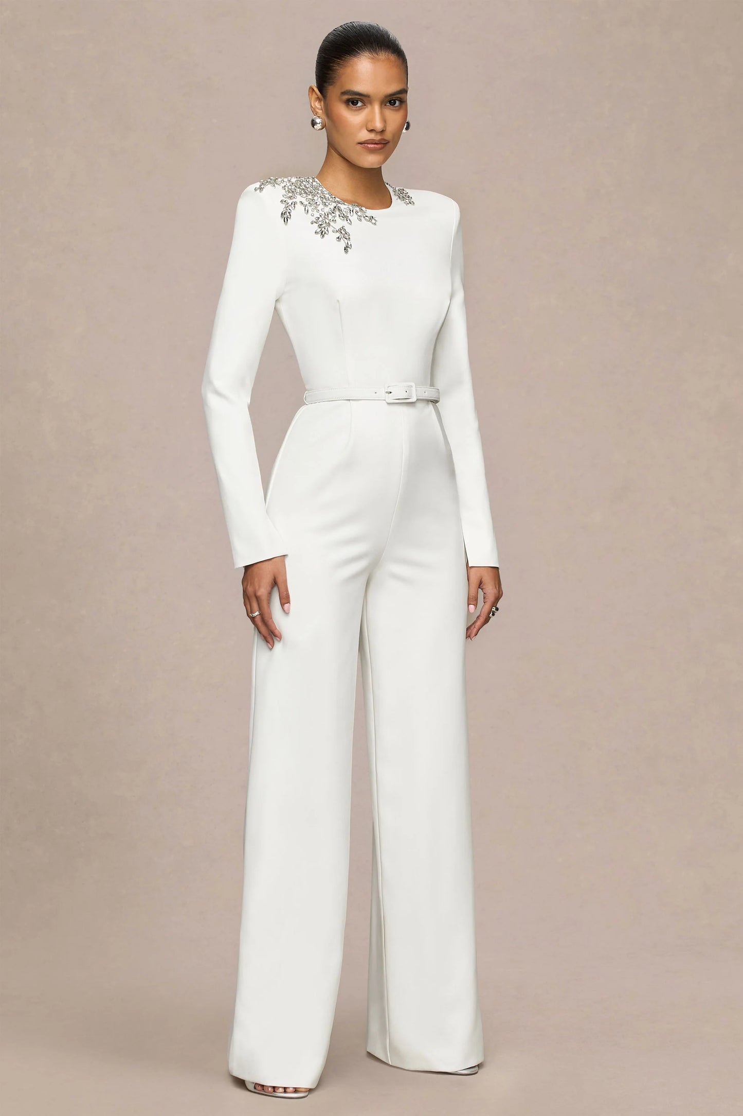 Prize Cream Crew-Neck Jumpsuit With Embellishment Detail