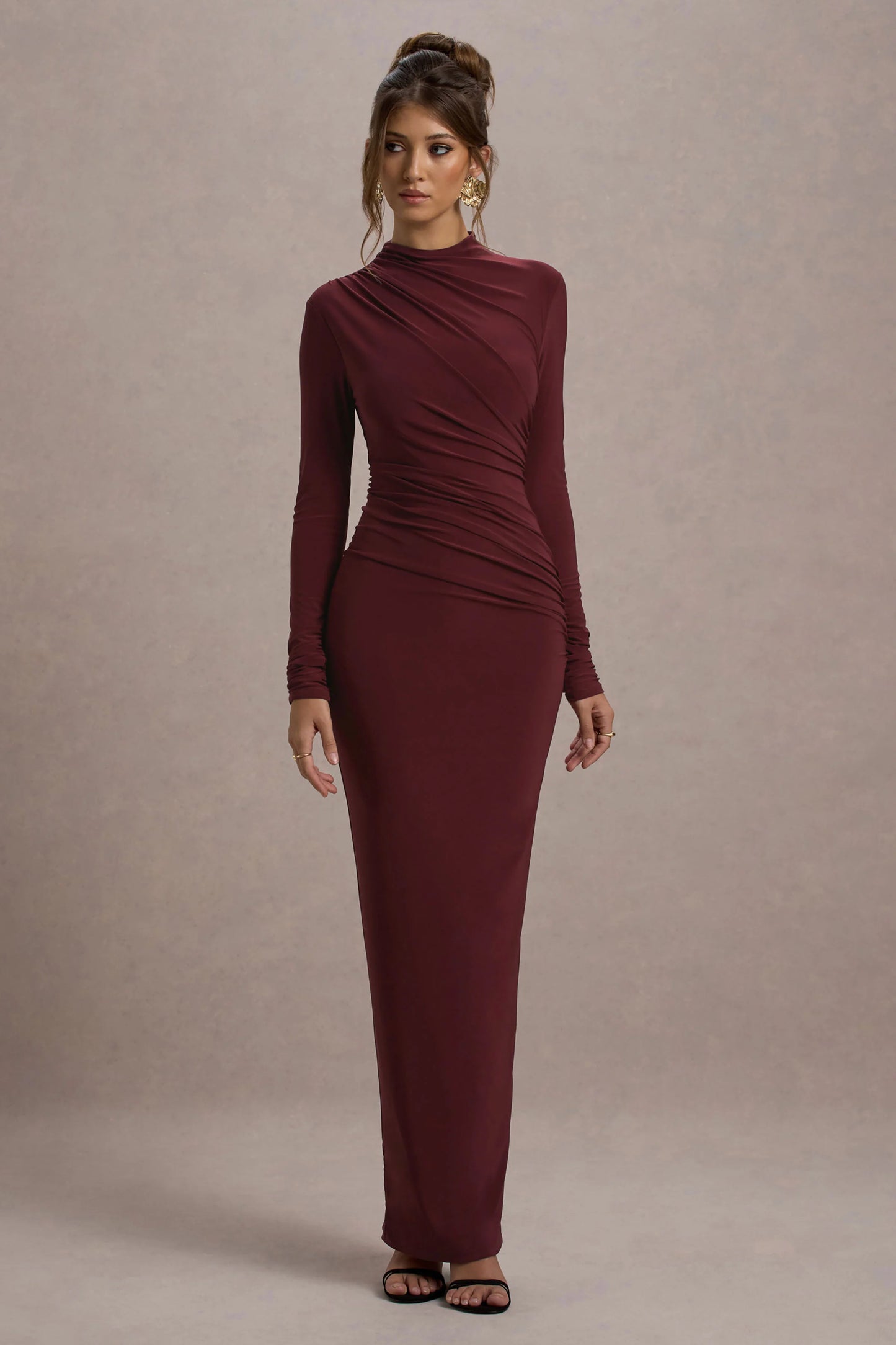 Hespera Port High-Neck Long-Sleeve Gathered Maxi Dress