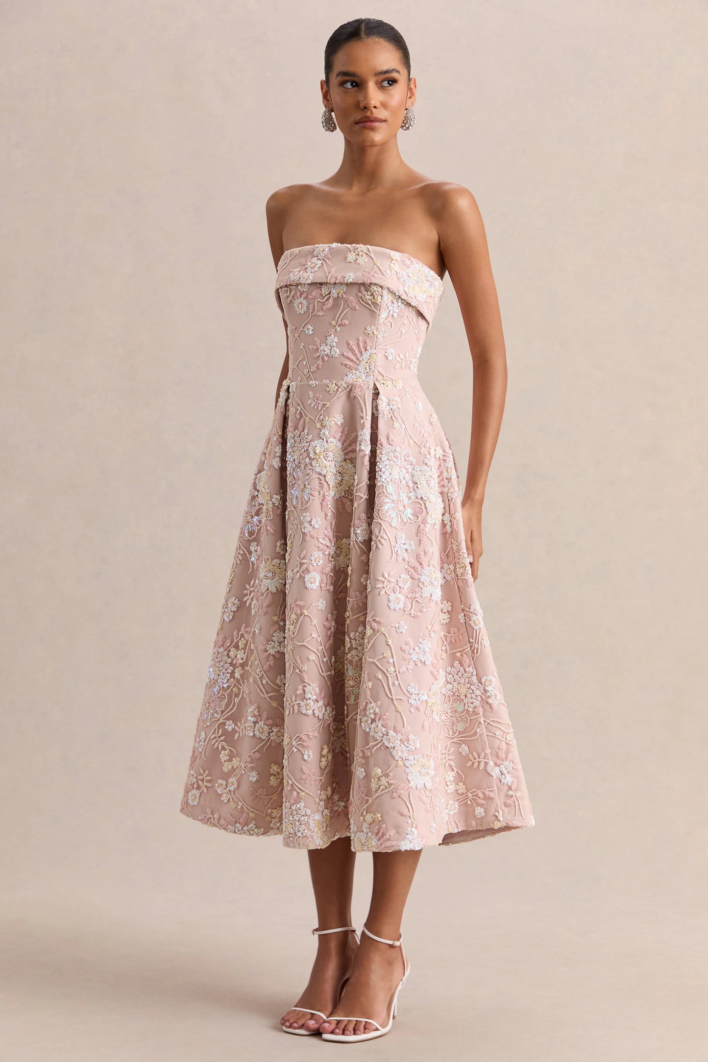 Amaris Pink Embellished Floral Bandeau Skater Midi Dress