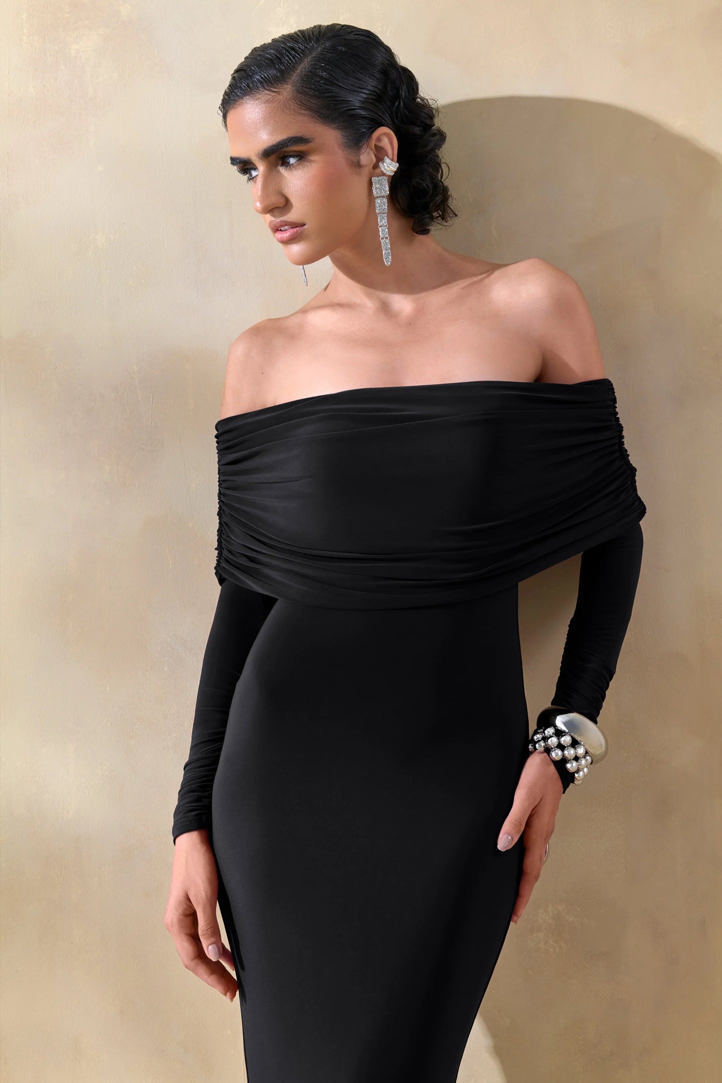 Brisea Black Bardot-Neck Maxi Dress