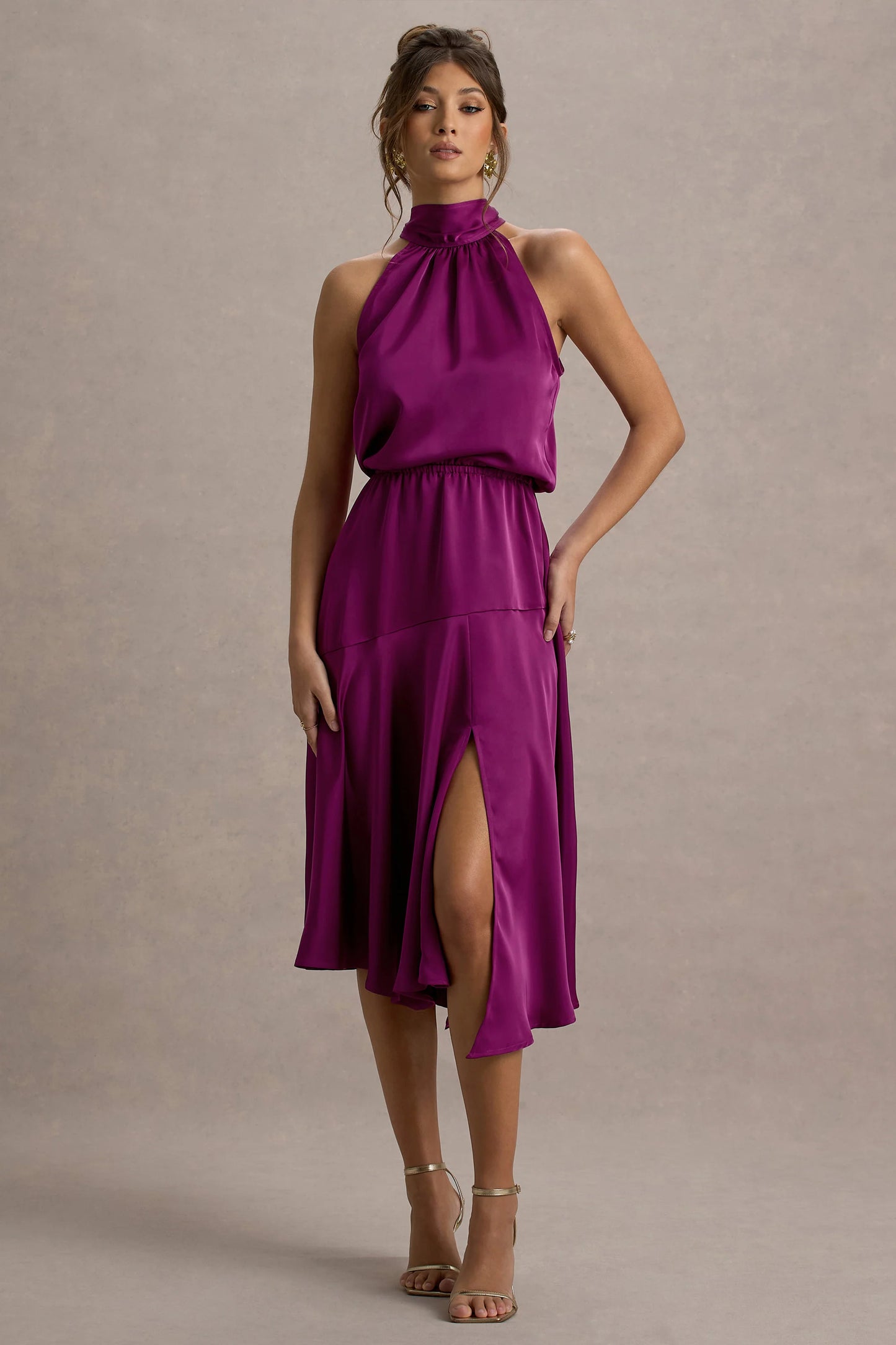 Palonia Dark Pink Satin High-Neck Split Midi Dress