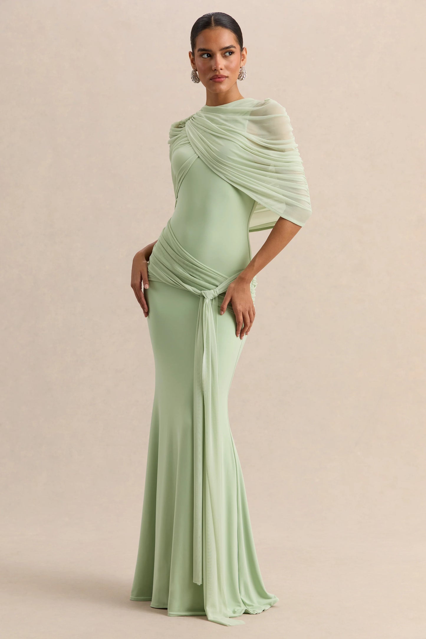 Mirene Mint Round-Neck Maxi-Dress With Gathered-Detailing And Sash
