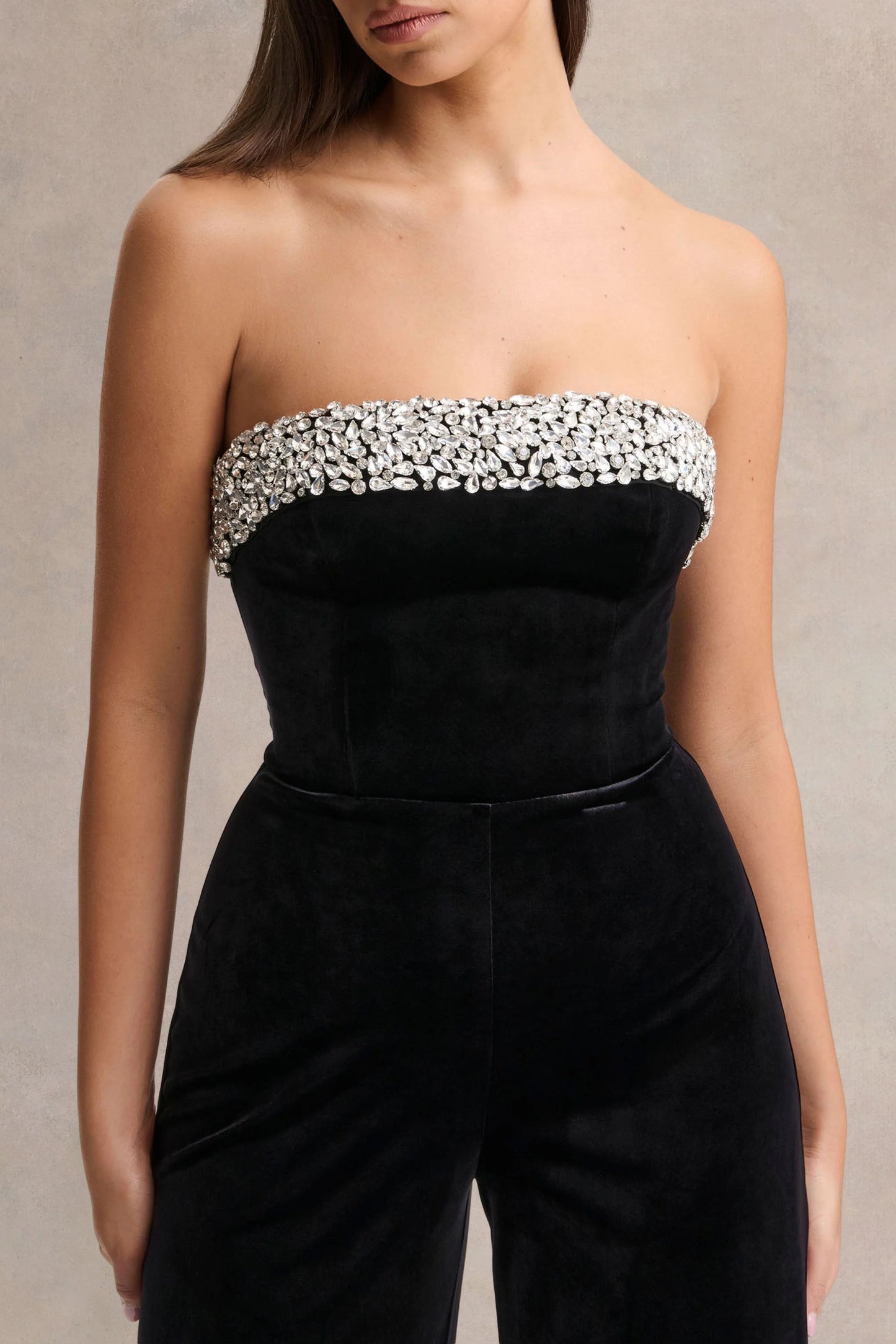 Emelie Black Velvet Hand-Embellished Bandeau Jumpsuit