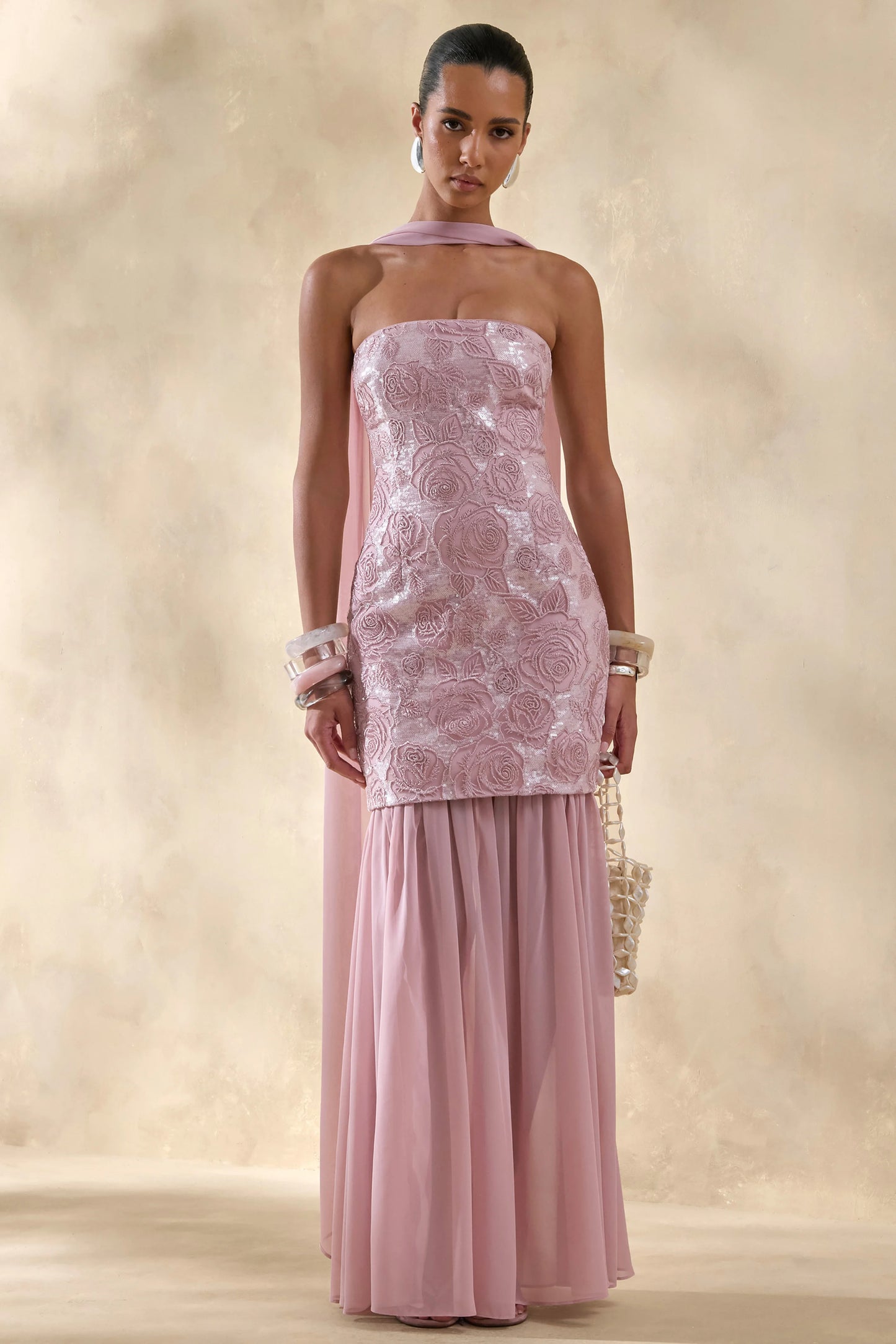 Meraly Pink Sequin Bandeau Maxi Dress With Scarf-Detail