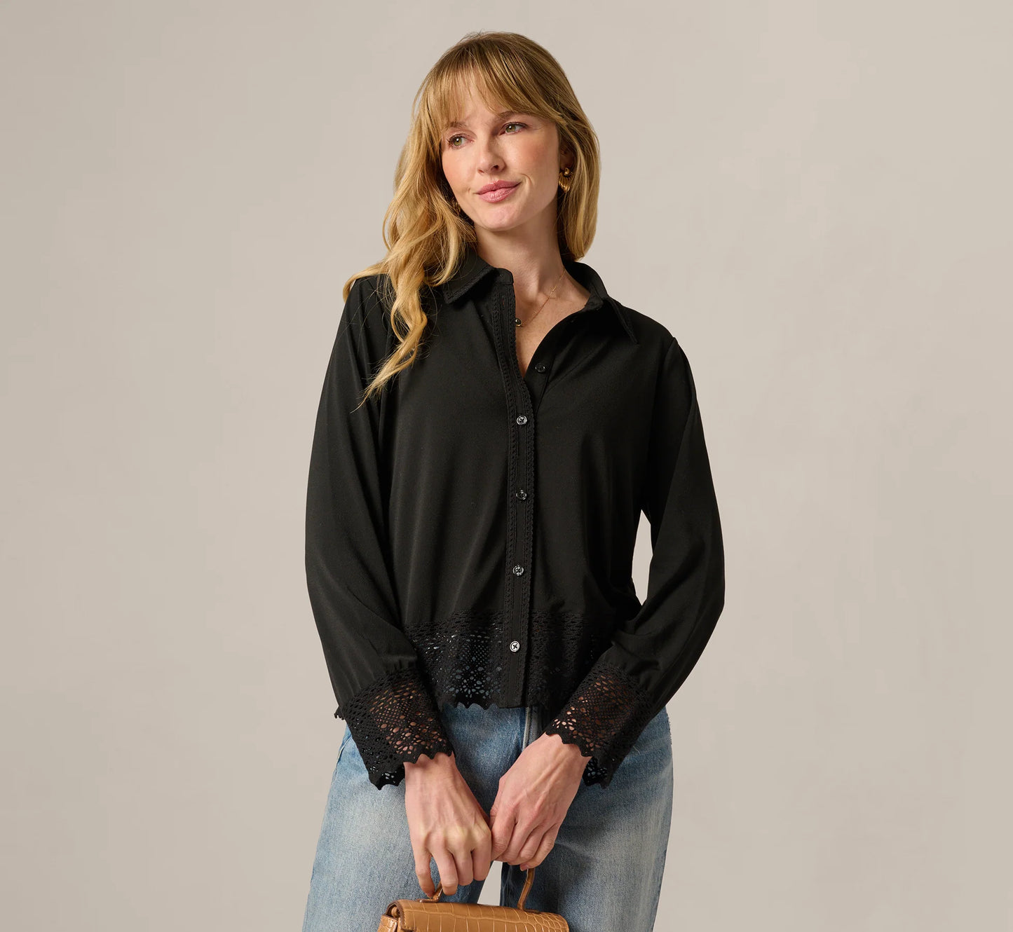 Long Sleeve Crochet Lace Collared Blouse In Black