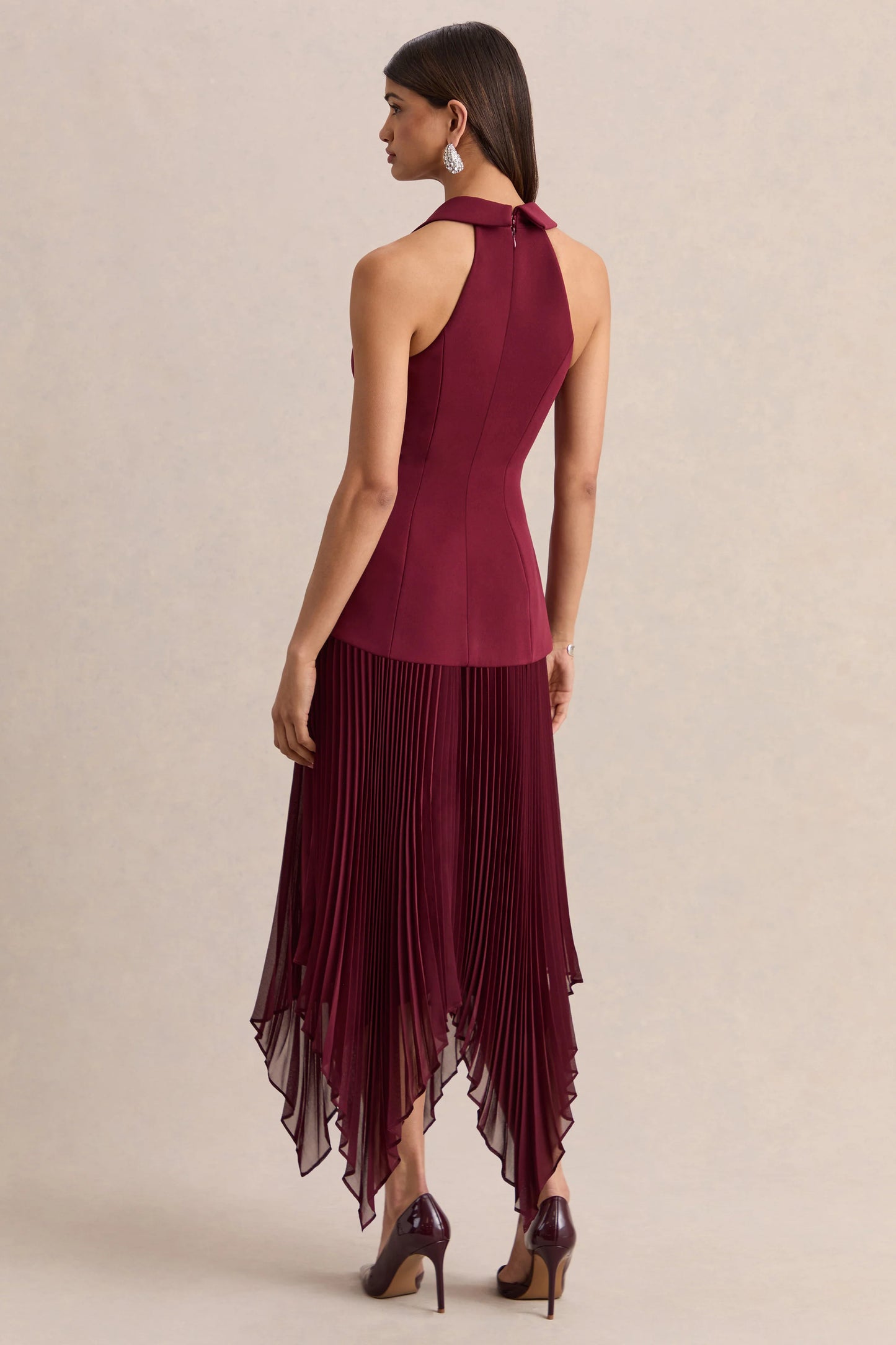 Marvelle Burgundy Plunge-Neck Maxi Dress With Hanky Hem