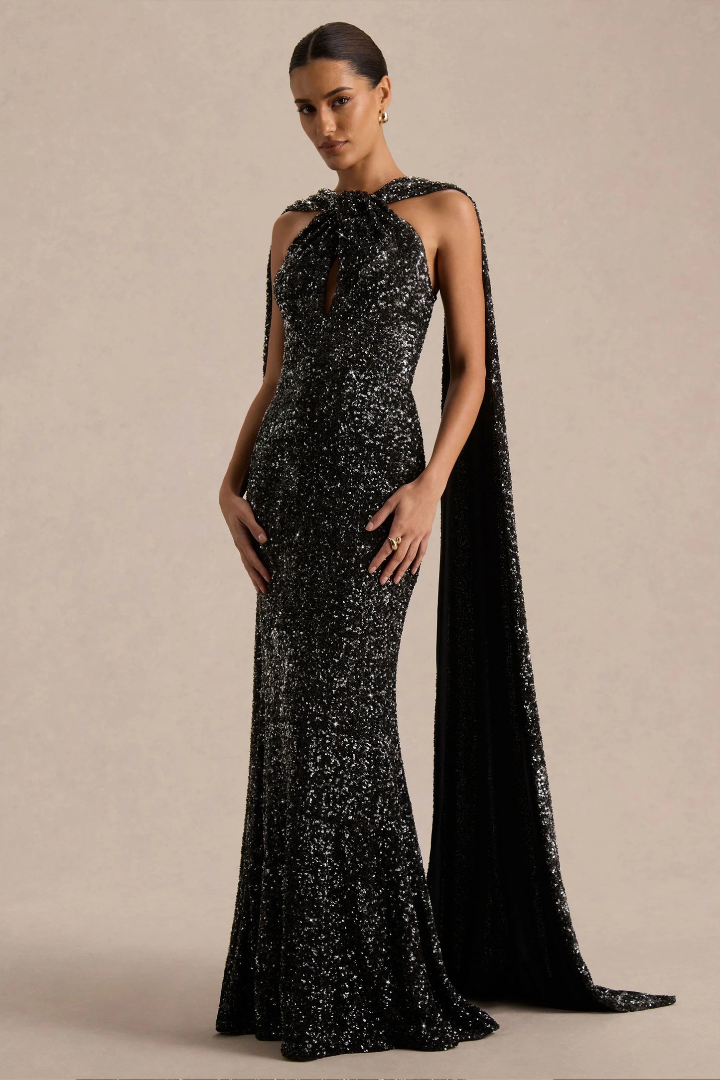 Renelle Black Sequin Halter Neck Maxi Dress